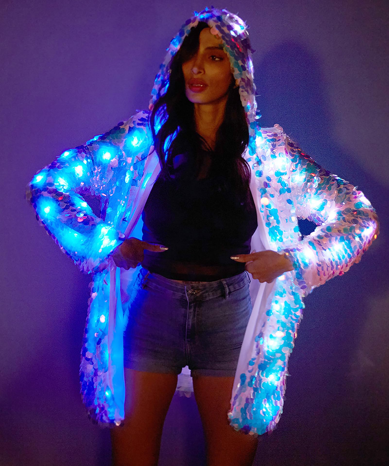LED Light Up Sequin Jacket for Women - Sparkly Flash Coat with LED Lights for Rave, Festival, Party & Halloween Costume - Perfect for Nightclubs, Concerts & Themed Events