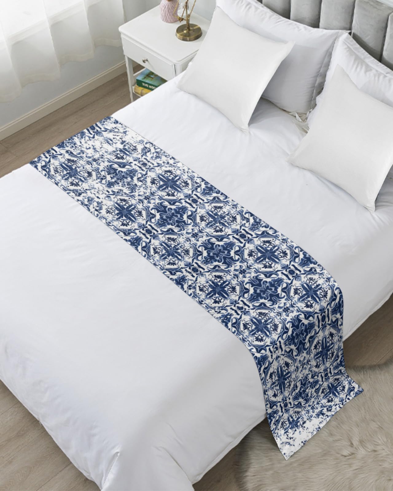 Cal King Bed Runner – Navy Blue Boho Bed Scarf Throw for Foot of Bed, Ethnic Abstract Geometric Design Luxury Bedding Protector (102x20 Inches) – Perfect for Hotels & Home Decor, Bedroom Styling & Sofa Accents