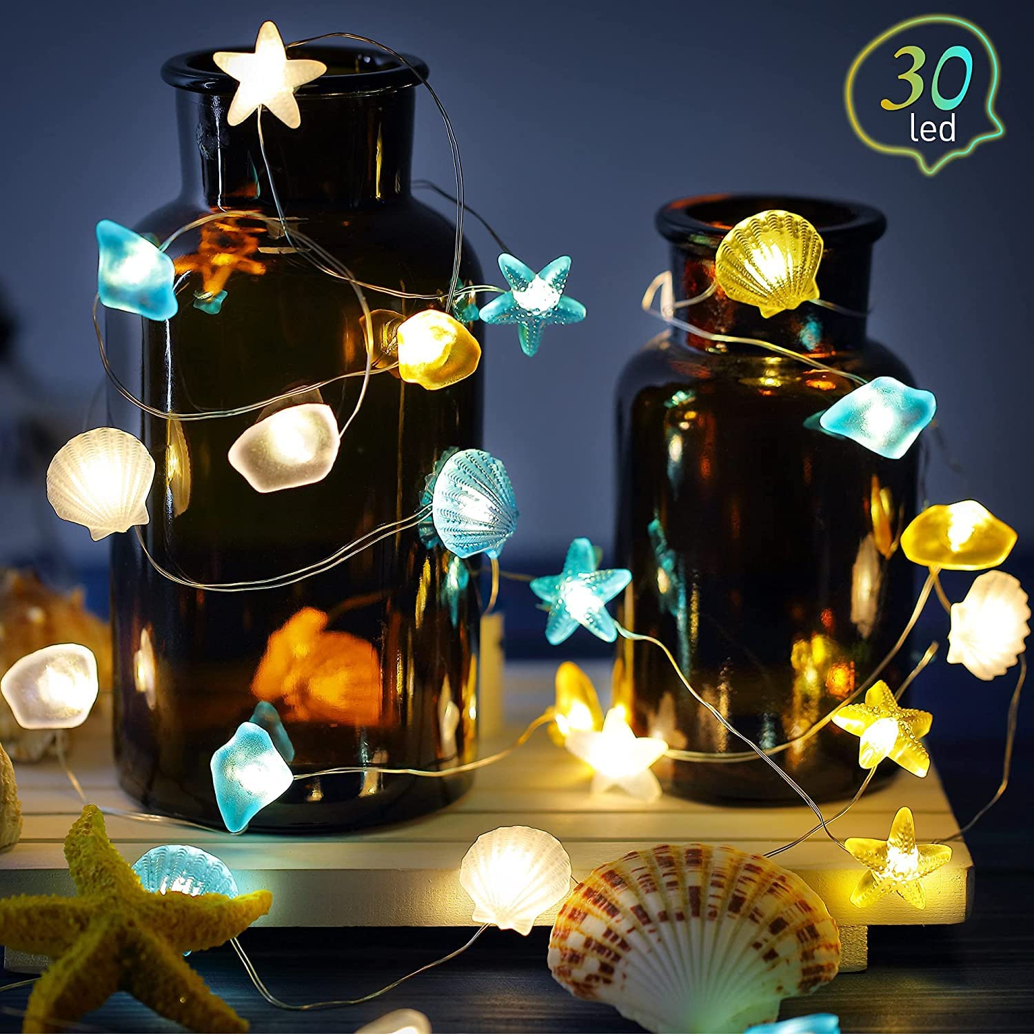 Ocean Themed Fairy String Lights - 10 FT 30 LED Battery Operated Decorative Lights with Starfish & Seashell Design, 8 Lighting Modes for Summer Room Decor, Beach Party, Bathroom, Nursery, Outdoor Patio & Wedding Decorations