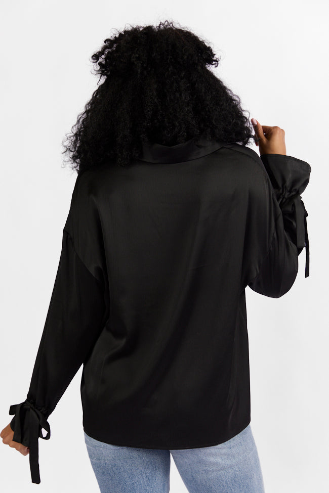 Think It Through Black Bow Cuff Satin Button Down Shirt for Women - Elegant Office Wear & Special Occasion Blouse - Final Sale
