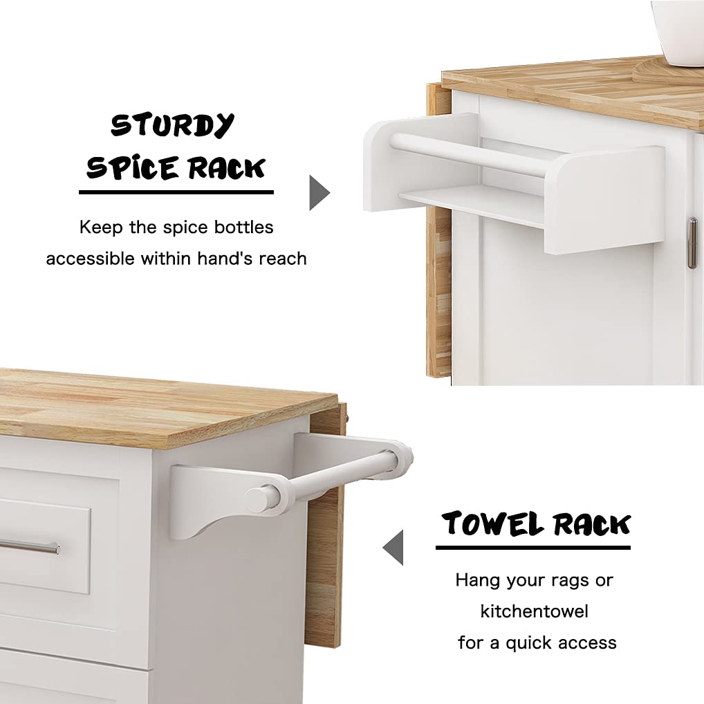 Expandable Solid Wood Kitchen Island with Drop-Leaf Table, Wheels & Storage - White | Large Cabinets, 3 Drawers, Spice Rack & Towel Holder | Perfect for Small Kitchens, Dining Areas & Food Prep Stations