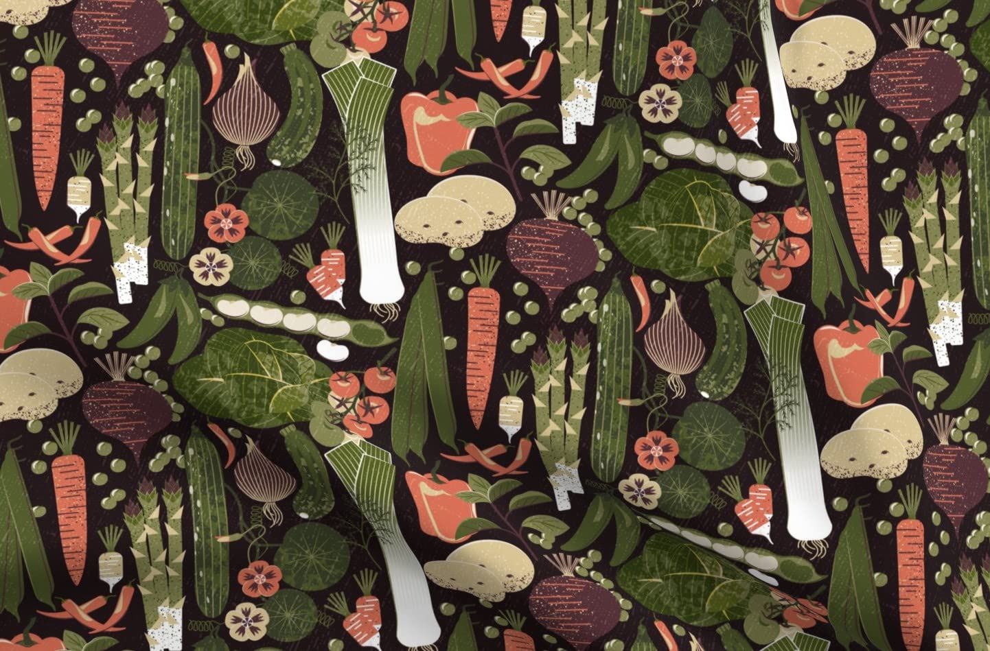 Premium Spoonflower Fabric - Black & Green Vegetable Garden Print on Denim by The Yard - Heavyweight Cotton for Apparel, Home Decor & Upholstery - Perfect for DIY Curtains, Table Runners & Craft Projects