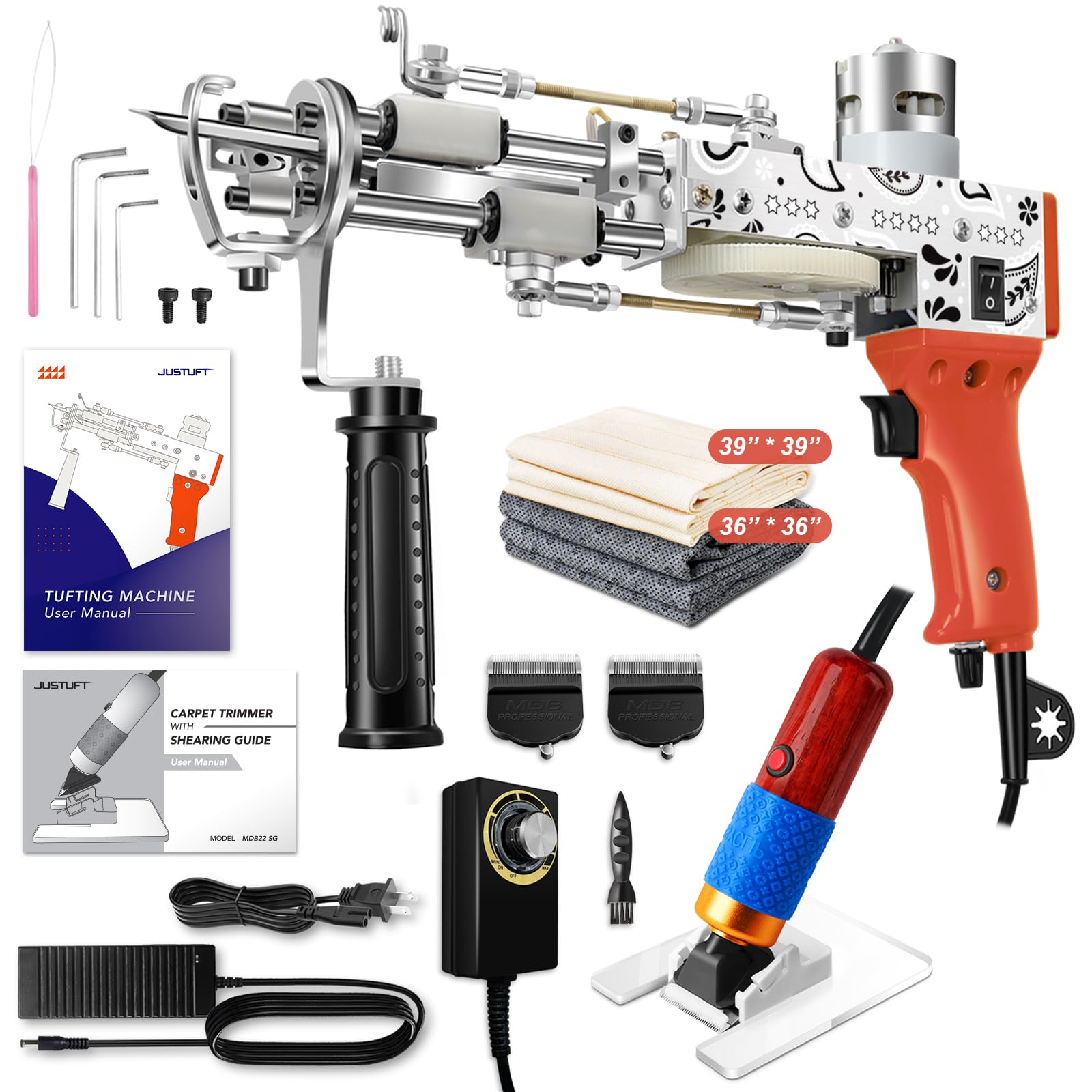 Premium Rug Tufting Gun & Carpet Trimmer Kit - 2-in-1 DIY Carpet Making Tool with Rug Shaver, Punch Needles & Fabric (Orange) - Perfect for Home Decor, Craft Projects & Custom Rug Creation