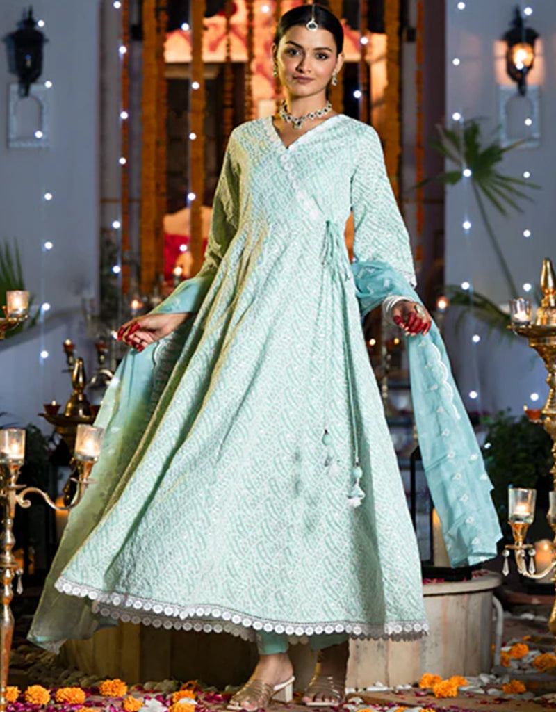 Sky Blue Pure Cotton Angrakha Anarkali Kurta Trouser with Dupatta Set - Traditional Indian Ethnic Wear for Women - Perfect for Festivals, Weddings & Special Occasions