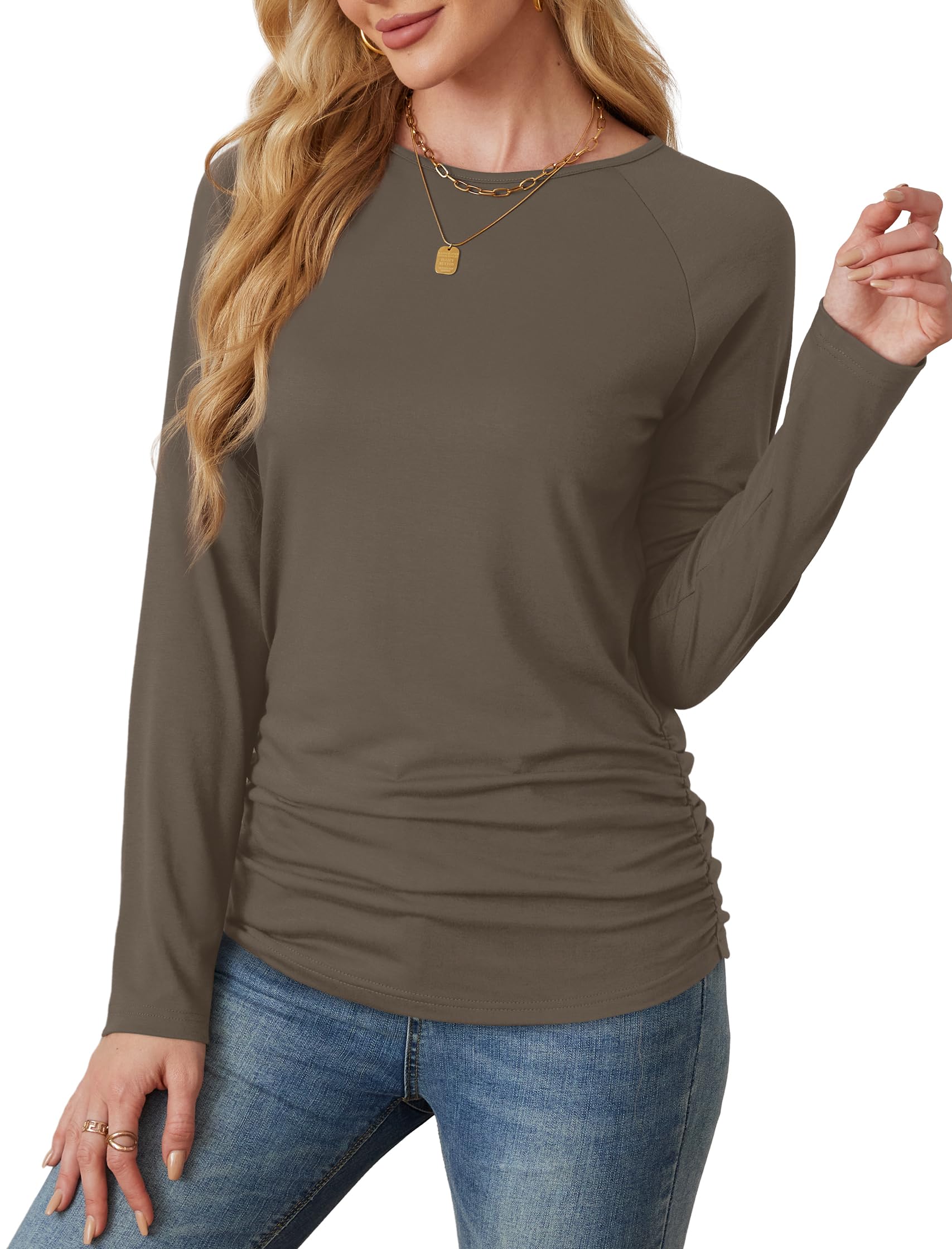 Elegant Women's Long Sleeve Crewneck Pleated Blouse - Dressy Casual Tops for Work, Office & Everyday Wear | Saloogoe Fashion