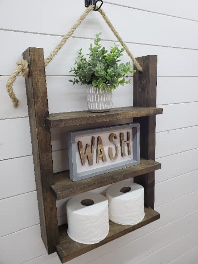 Rustic Farmhouse Rope Hanging Ladder Shelf - Bathroom & Home Decor for Storage and Display - Perfect for Towels, Blankets, Plants, and Decorative Items