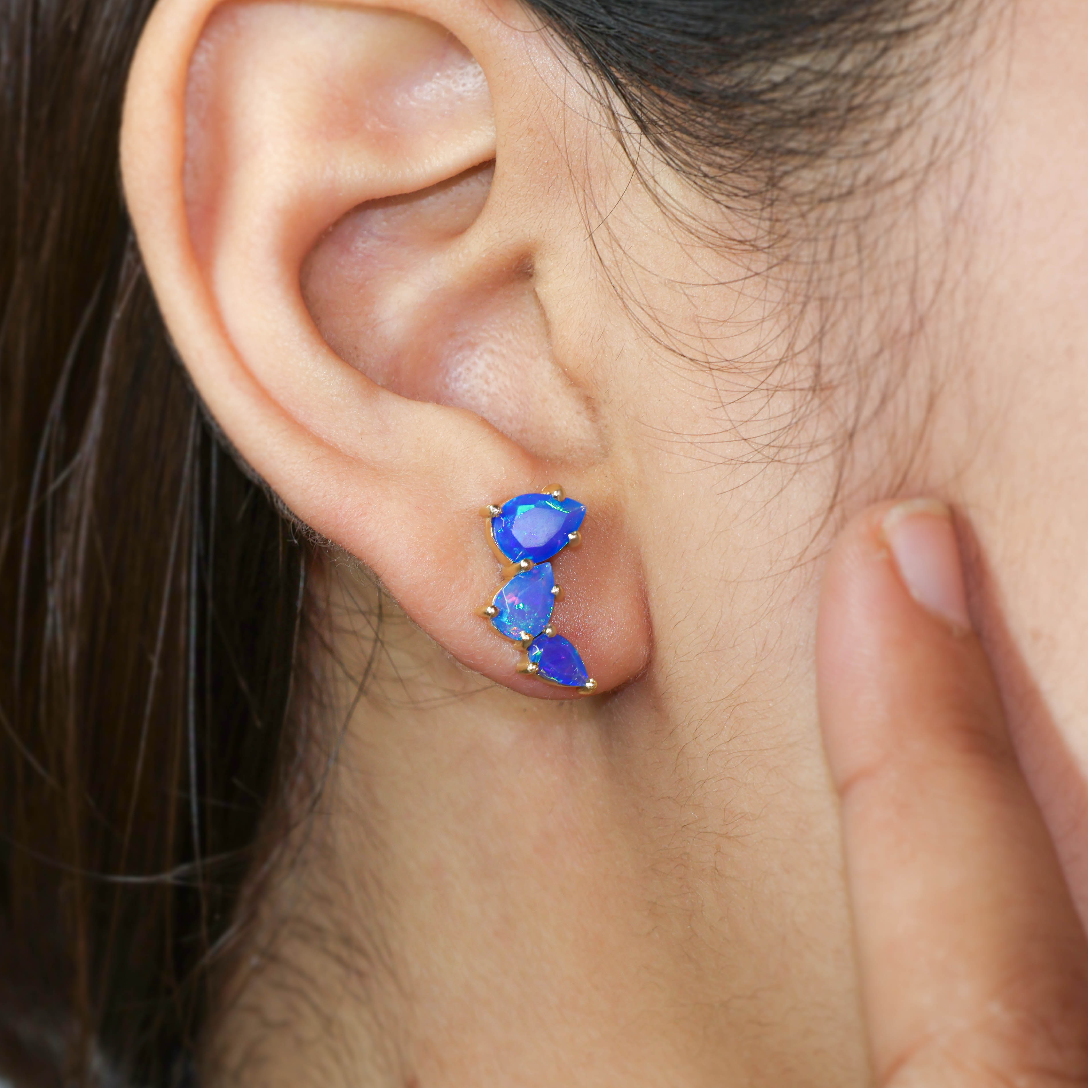 Blue Opal Pear Horn Style Stud Earrings for Women – Dainty Boho Jewelry for Everyday Wear & Special Occasions