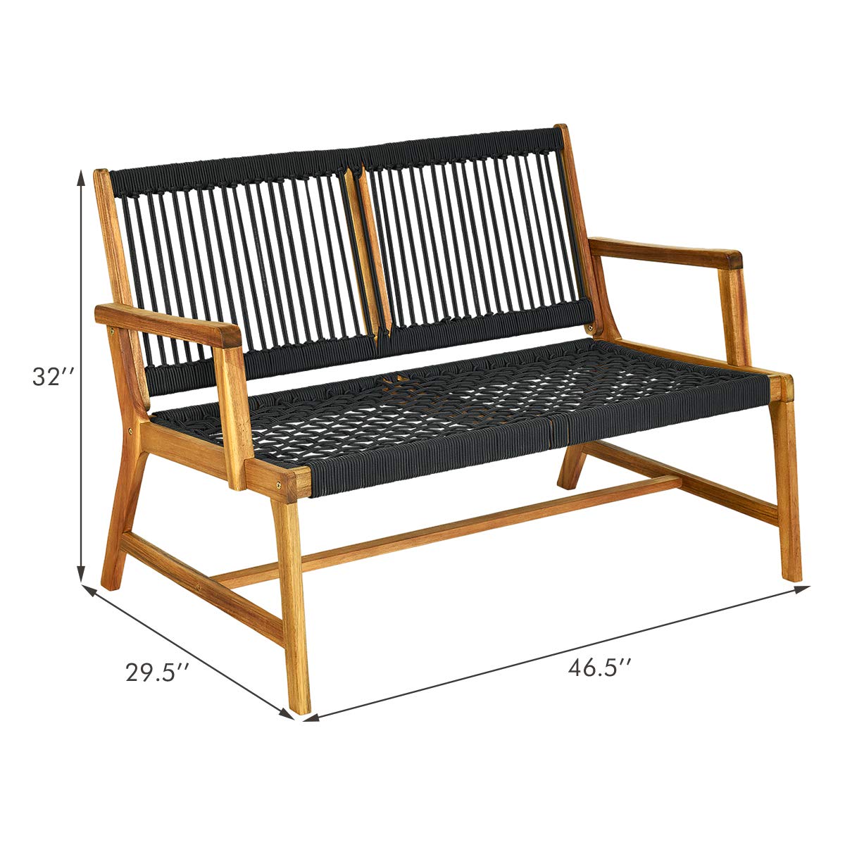 Tangkula 2-Person Acacia Wood Patio Loveseat Bench - Teak Oil Finish Outdoor Rope Chair for Balcony, Deck, Poolside & Porch - Perfect for Relaxing, Entertaining & Outdoor Dining (Black)