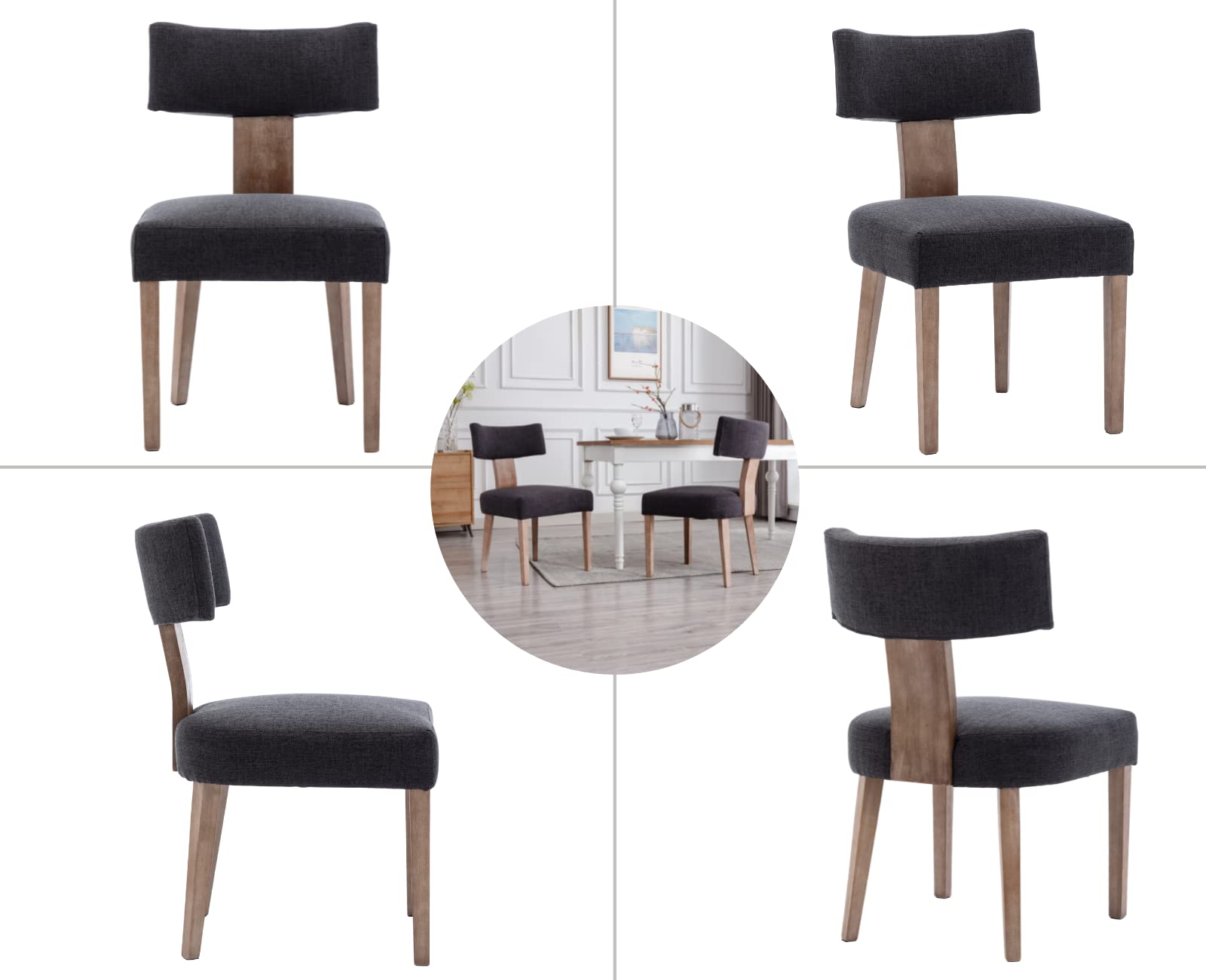 EALSON Mid Century Modern Dining Chairs Set of 2 - Linen Upholstered Kitchen Chairs with Wood Legs & Curved Back - Farmhouse Style Accent Chairs for Dining Room, Living Room or Kitchen - Charcoal Grey - Perfect for Farmhouse Decor, Small Spaces & Cozy Dining Areas
