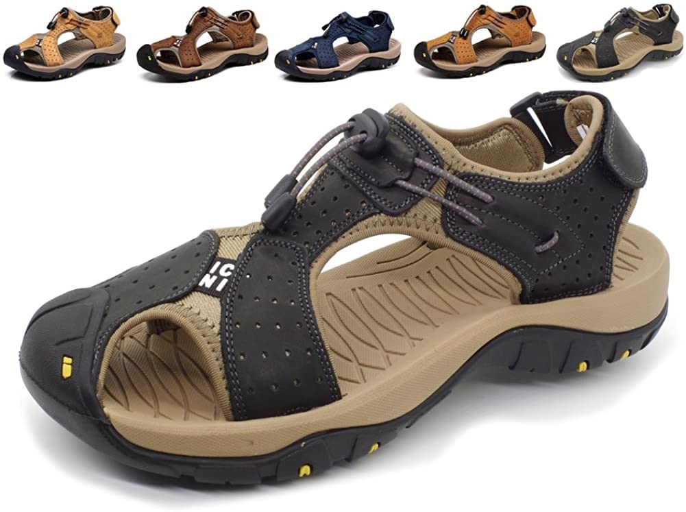 **Asifn Men's Outdoor Hiking Leather Sandals - Waterproof Closed Toe Slides for Walking, Fishing & Climbing - Breathable Summer Athletic Shoes for Beach, Pool & Trail Adventures**