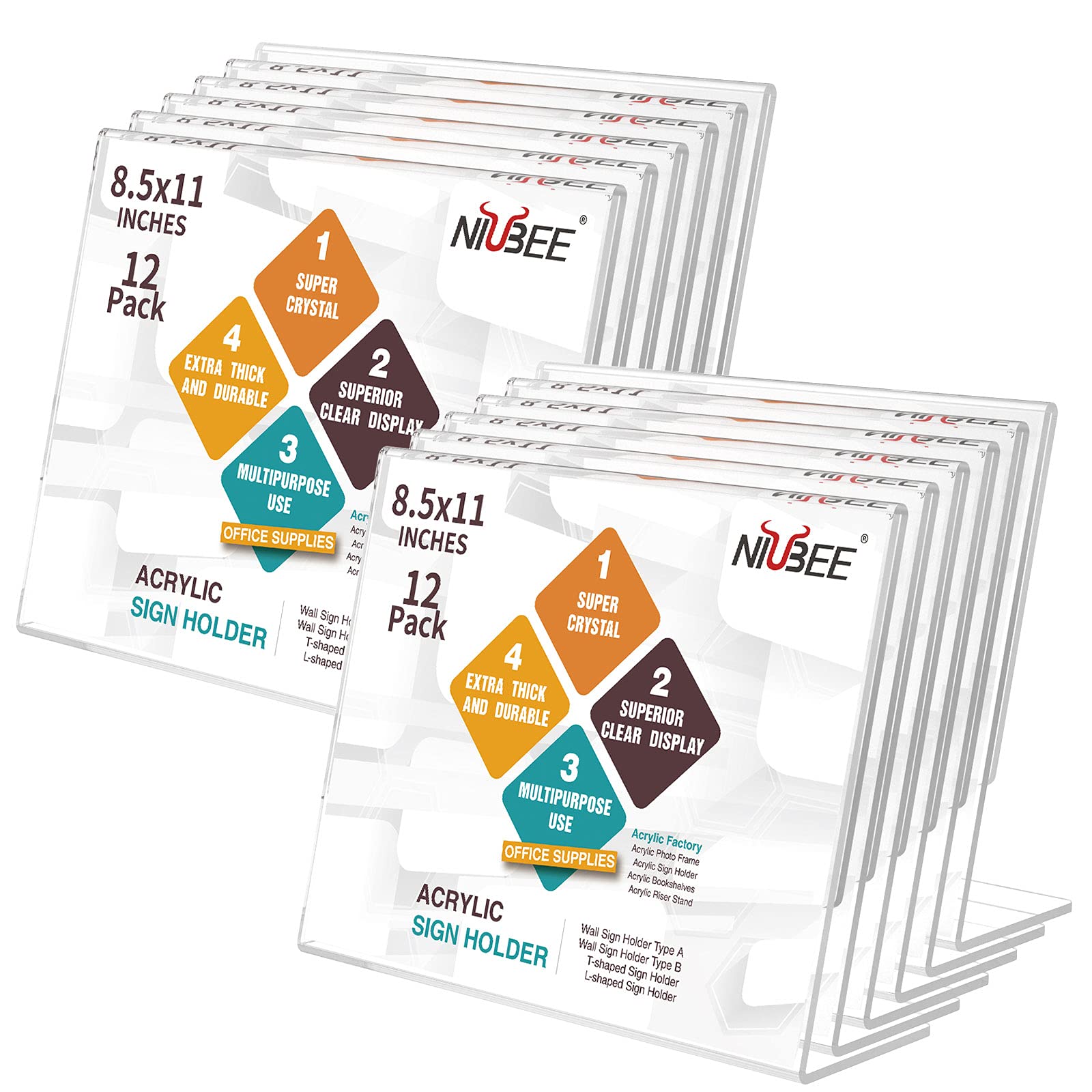 NIUBEE 12 Pack Clear Acrylic Sign Holders 8.5x11 Inches - Horizontal Slant Back Plastic Frames for Flyers, Menus, Documents - Perfect for Office, Store, Restaurant & Retail Displays (Landscape Orientation)