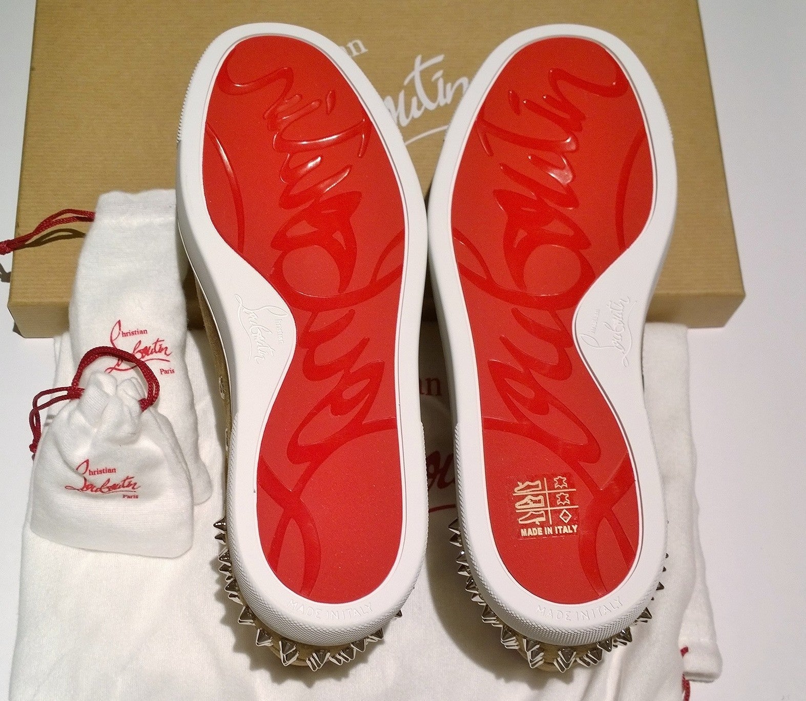 Christian Louboutin Vieira 2 Orlato Veau Fennec Suede Sneakers with Silver Spikes - Luxury Women's Fashion Trainers for Casual Wear & Night Out