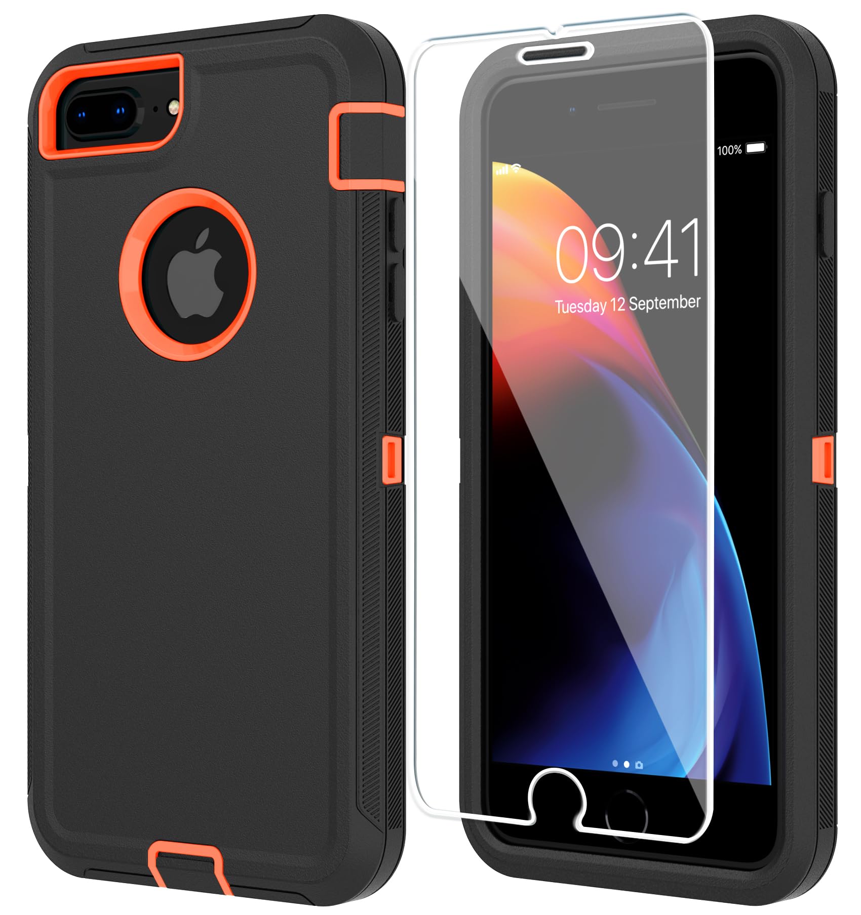 ONOLA Heavy Duty Shockproof Phone Case for iPhone 8/7 Plus [2-in-1 Bundle with Screen Protector] - Black & Orange | Slim Protective Cover for Everyday Use, Outdoor Activities & Travel
