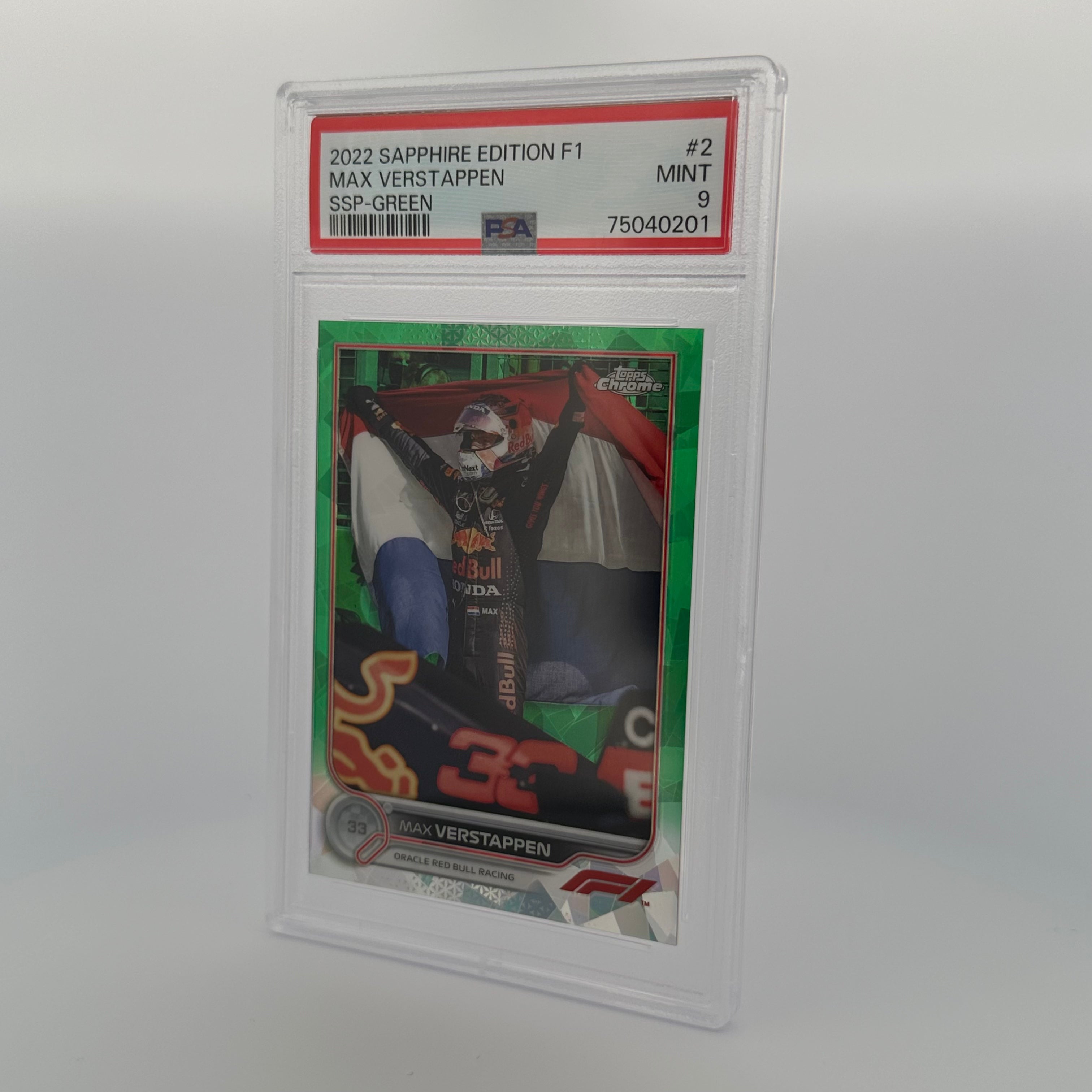 PSA 9 MAX VERSTAPPEN #2 /75 SAPPHIRE EDITION SSP GREE Trading Card - Rare Collectible for Formula 1 Fans & Sports Memorabilia Enthusiasts - Perfect for Display, Investment, and Racing Memorabilia Collections