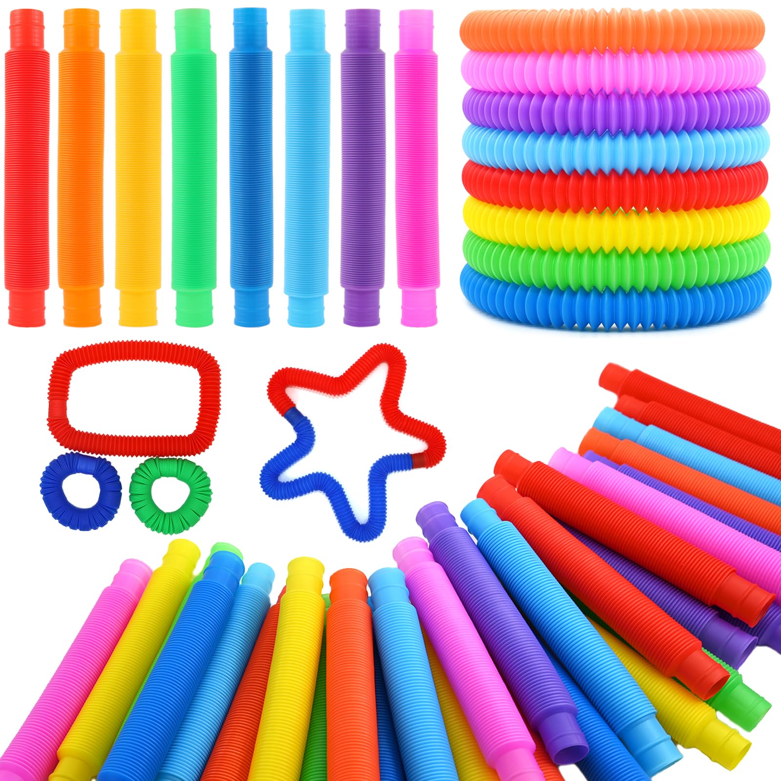 60 Pack Pop Tubes Sensory Toys - Connectable & Extendable Fidget Toys for Stress Relief & Anxiety - Party Favors, Classroom Prizes, Treasure Box Toys - Perfect for Kids Birthday Gifts, School Events & Sensory Play Therapy