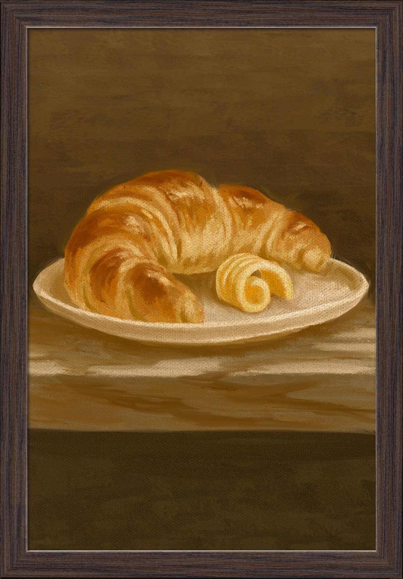 Hand-Painted Croissant Oil Painting - 16x24 Inch Giclee Fine Art Print with Recycled Wood Frame in Espresso Brown - Perfect for Kitchen Decor, Dining Room Wall Art & Coffee Shop Aesthetic