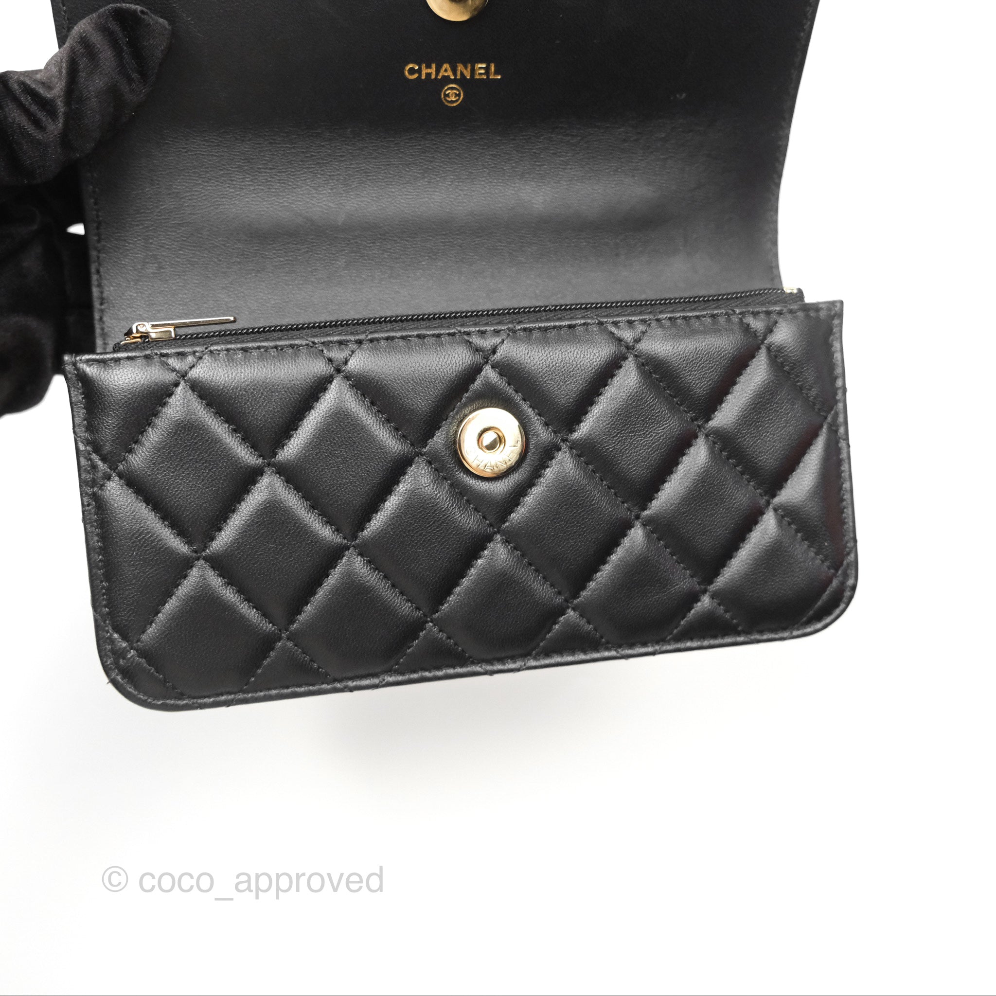 Chanel Camellia Handle Mini WOC Phone Holder Crossbody Bag with Chain - Black Lambskin Leather 23K Gold Hardware | Luxury Evening Out & Date Night Accessory