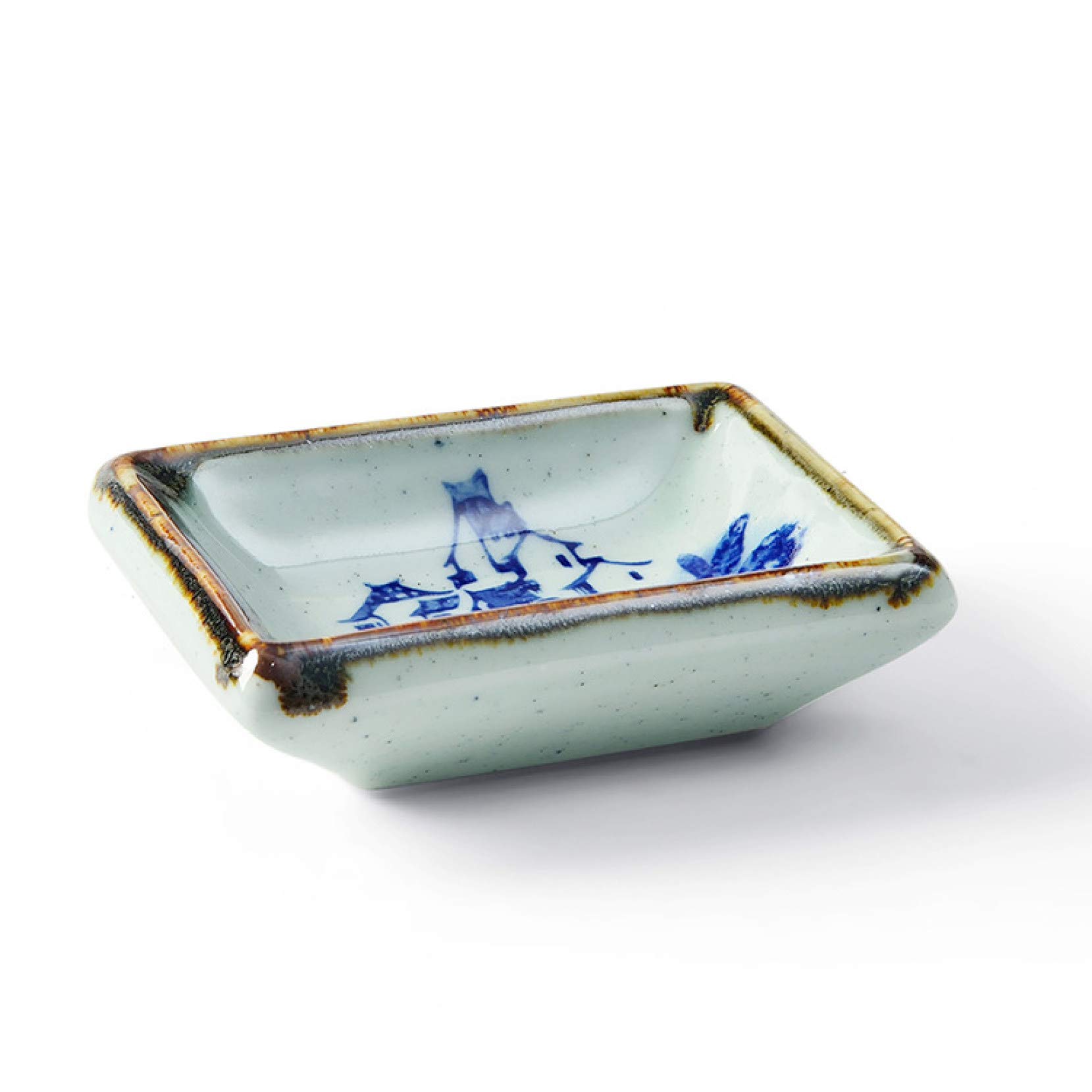 Vintage Chinese Style Ceramic Sauce Dishes Set of 2 - Retro Brown Edge Rectangular Soy Sauce Dishes for Sushi, Dumplings, BBQ & Condiments | Perfect for Asian Dining, Home Kitchen & Restaurant Use