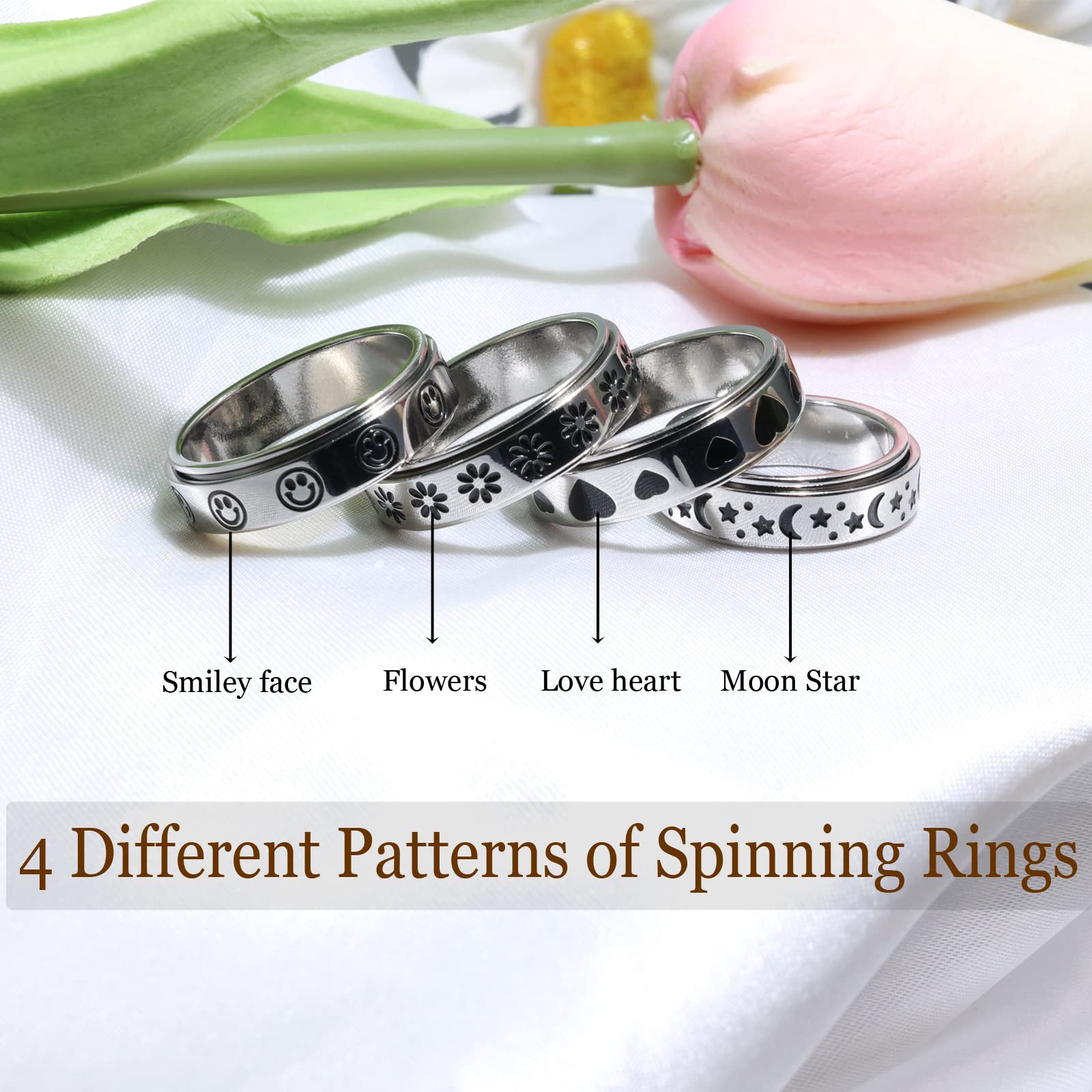 Anxiety Spinner Ring for Women & Men - 6mm Moon Star Design for Stress Relief - Size 6-10