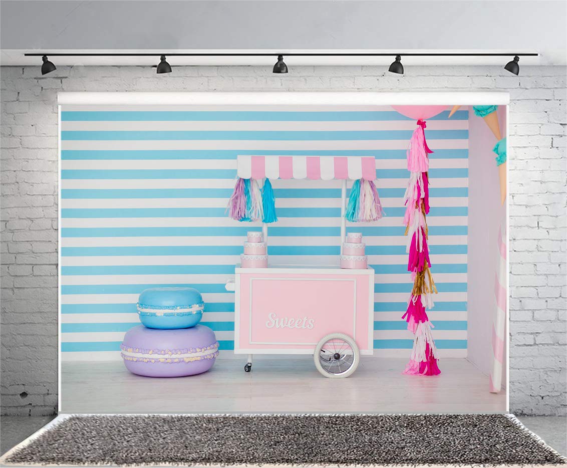 AOFOTO 5x3ft Pink Sweets Cart Backdrop for Little Princess Girl's First Birthday, Baby Shower, Photo Studio Props - White and Blue Striped Vinyl Background for YouTube Videos & Party Decorations
