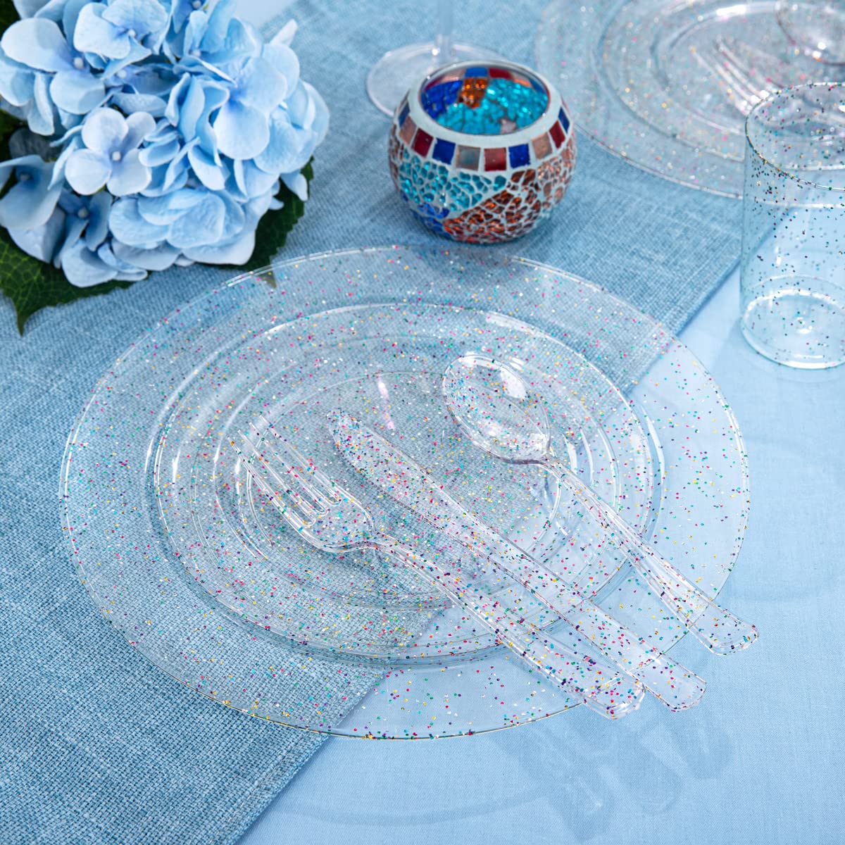 180-Piece Glitter Plastic Party Tableware Set - 30 Dinner Plates, 30 Dessert Plates, 90 Silverware & 30 Cups - Disposable Glitter Tableware for Birthday, Wedding, Baby Shower & Special Events