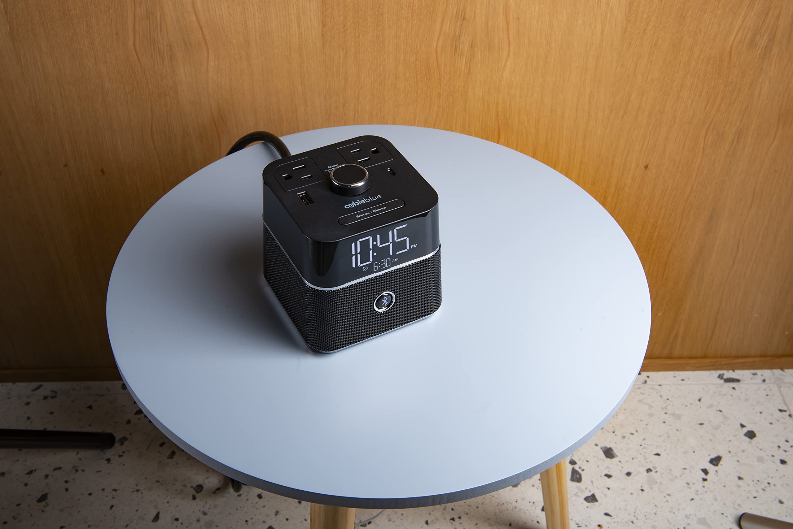 Brandstand CubieBlue - Smart Alarm Clock with Dual USB Charging Ports & Tamper-Resistant Outlets, Built-in Bluetooth Speaker for Bedroom, Office, Travel | Wake Up to Music & Charge Devices Simultaneously