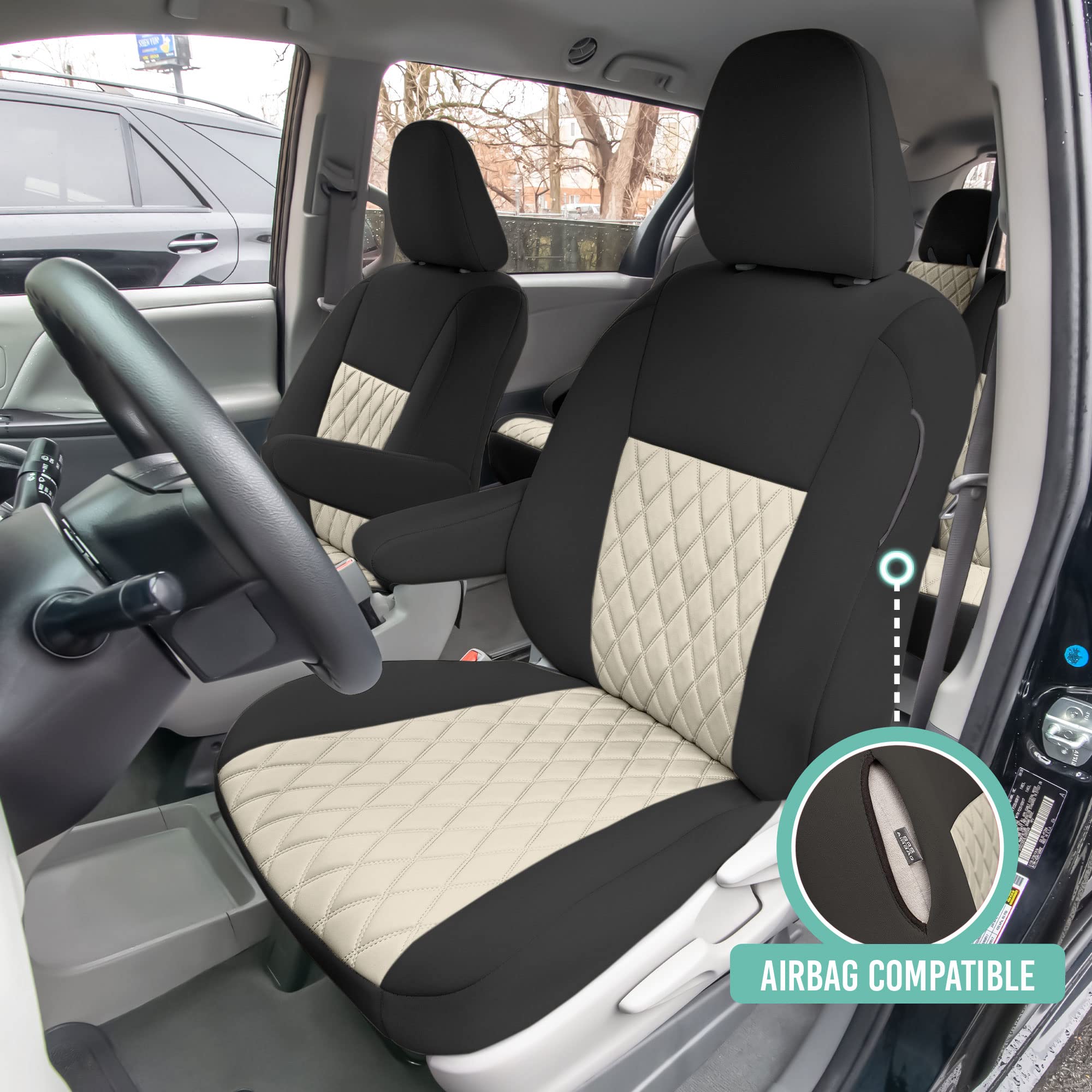 FH Group Custom Fit Car Seat Covers for 2011-2020 Toyota Sienna 7 Passenger - Waterproof & Washable Neoprene Seat Cover Full Set in Beige | Perfect for Family Road Trips, Daily Commutes & Pet Protection