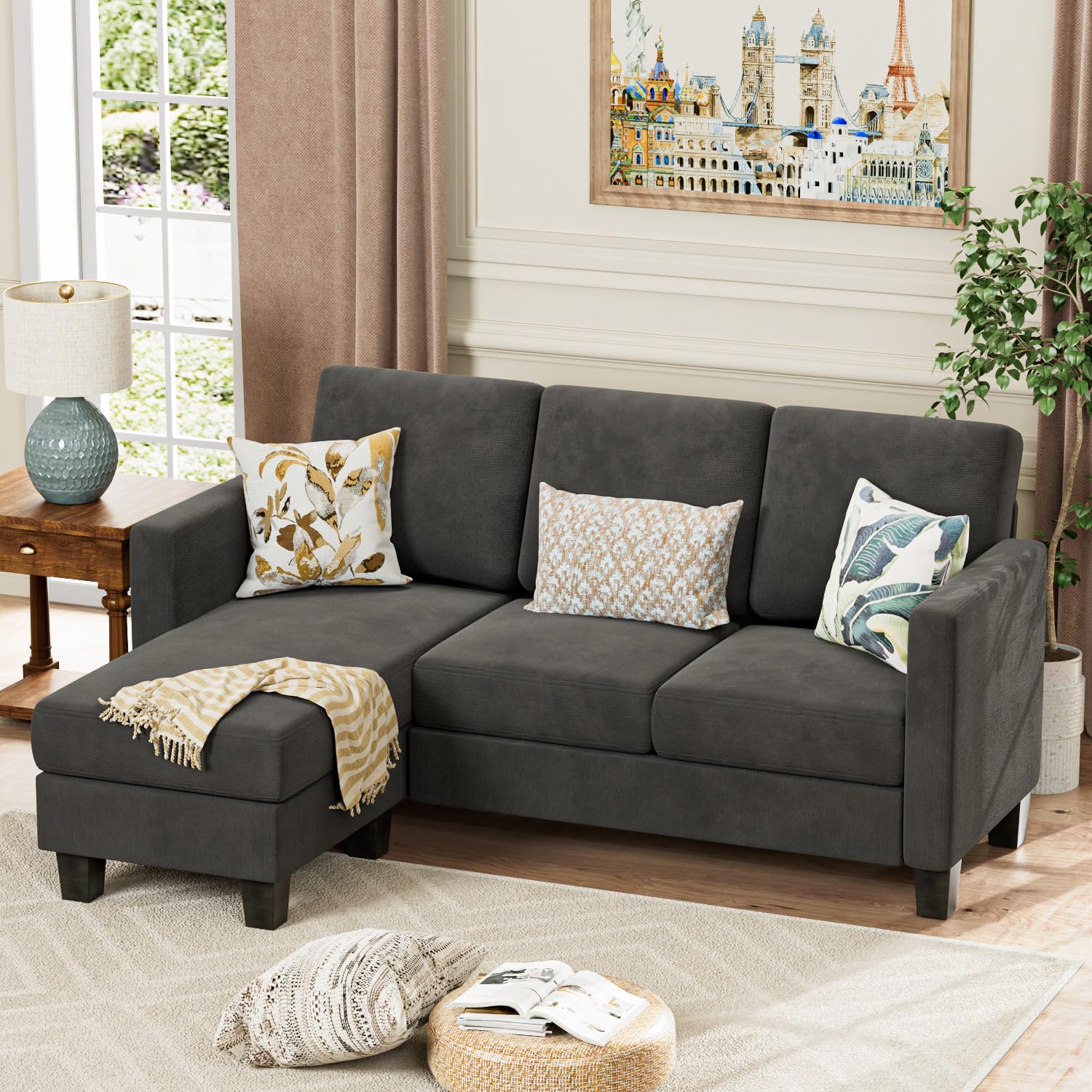 Modern Linen Convertible Sectional Sofa - 3-Seat L-Shaped Couch with Movable Ottoman - Space Saving Living Room Furniture for Small Apartments - Deep Gray - Perfect for Lounge, Entertainment Areas & Compact Spaces
