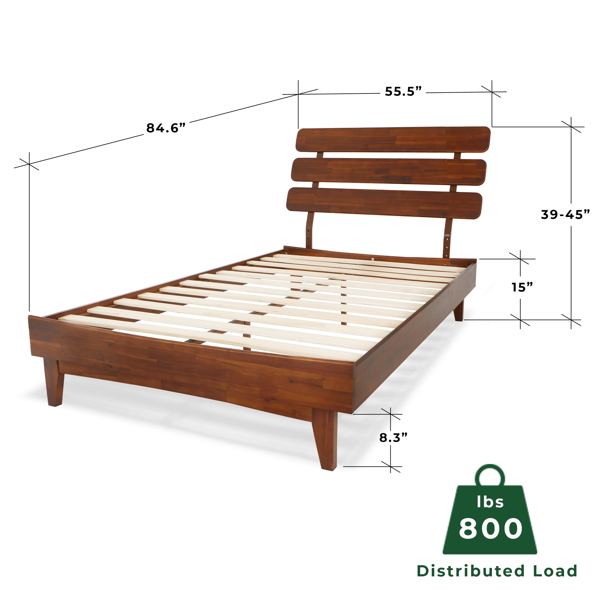 Bme Caden 15 Inch Deluxe Bed Frame with Adjustable Headboard - Mid Century Modern Retro Style Acacia Wood Platform Bed - No Box Spring Needed - 12 Strong Wood Slat Support - Easy Assembly - Dark Chocolate Finish - Full Size Bed for Master Bedroom, Guest Room & Apartment