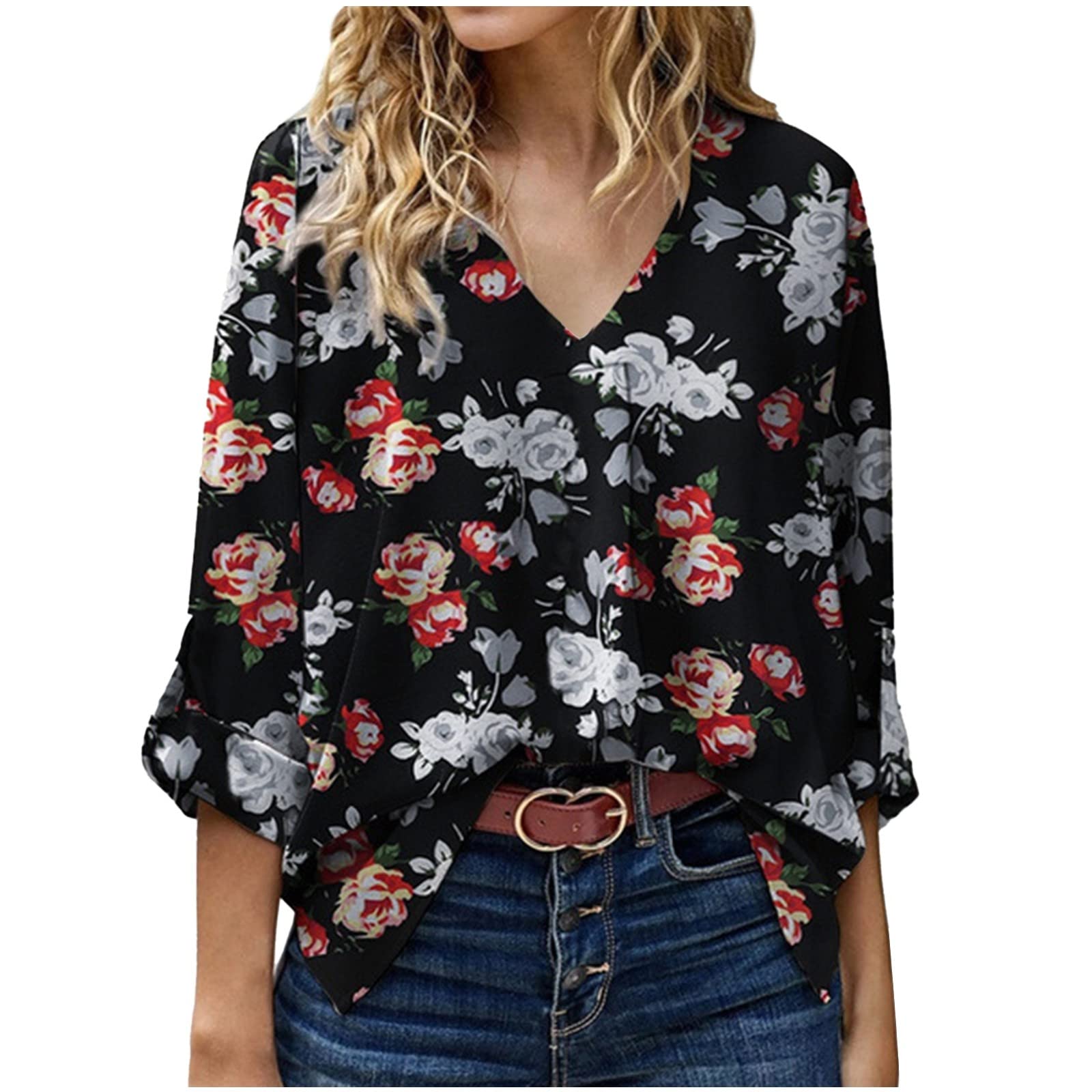 Women's Sexy V-Neck Floral Print Long Sleeve Blouse - Loose Fit Soft Elegant White Top for Casual Wear, Date Night & Office Outfits