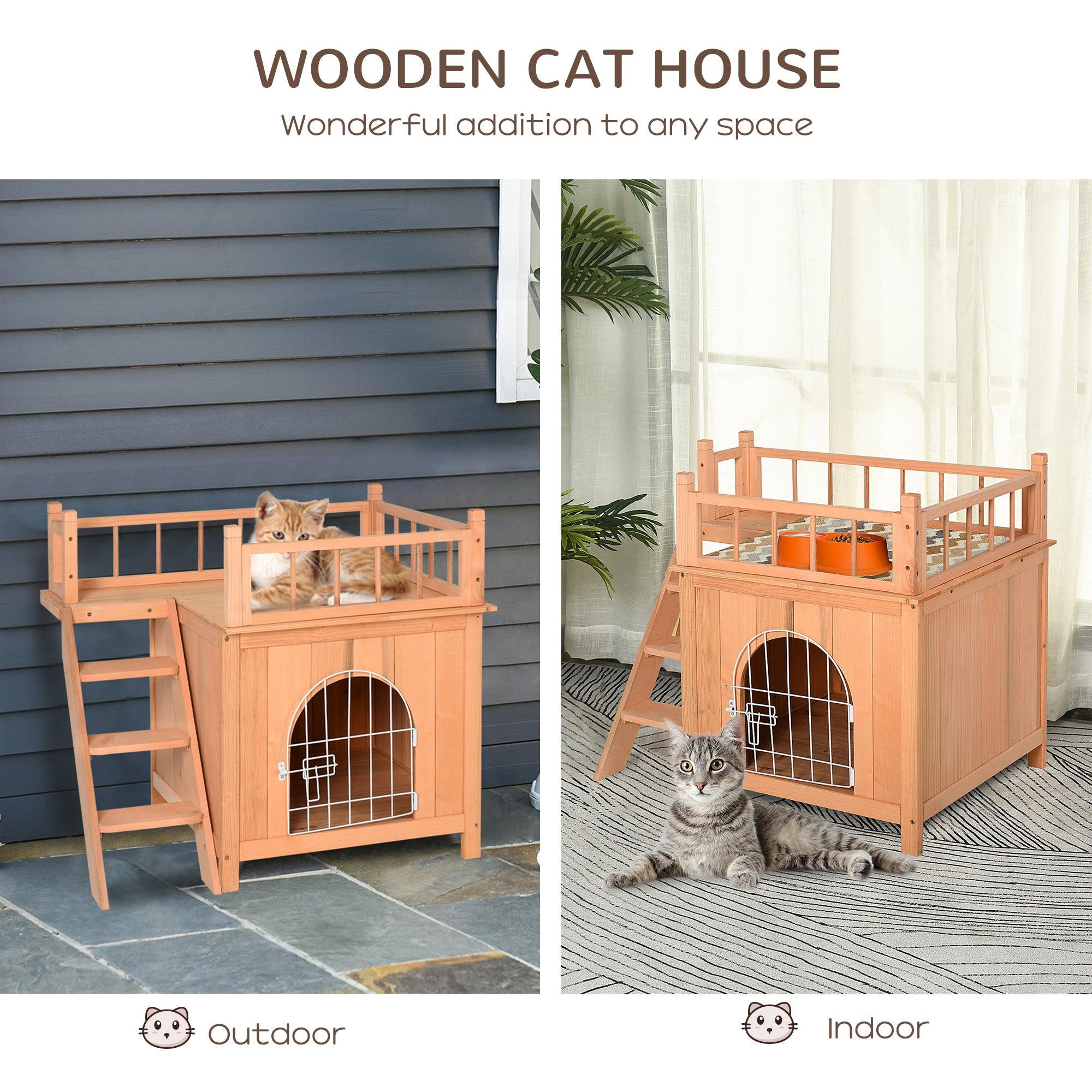 2 Level Wooden Cat House with Lockable Wire Door & Balcony - Outdoor Cat Condo & Dog Shelter - Natural Wood Pet House for Indoor/Outdoor Use - Perfect for Backyard, Patio or Garden