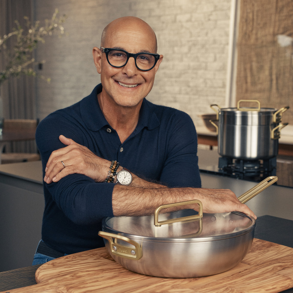 Stanley Tucci™ 6.5 Quart Stainless Steel Ceramic Nonstick Essential Pan with Glass Lid - Champagne Gold Handle | Perfect for Sautéing, Frying & Slow Cooking | Oven & Dishwasher Safe