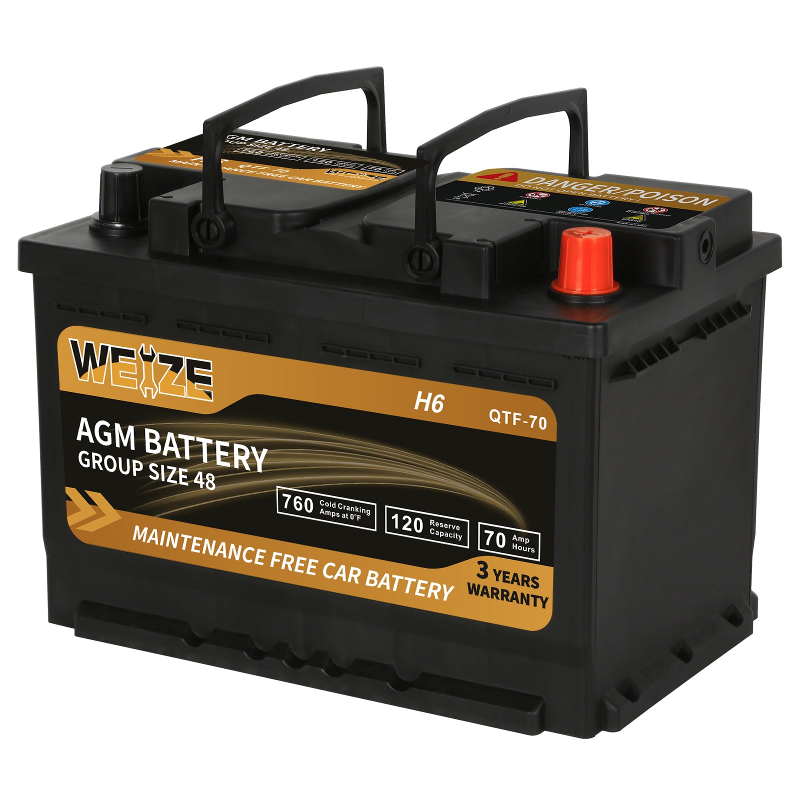 WEIZE Wise Series Group 48 AGM Car Battery 12V 70Ah H6 - High Performance Automotive Replacement Battery for Cars, SUVs & Trucks - Ideal for Cold Weather & Long-Lasting Power