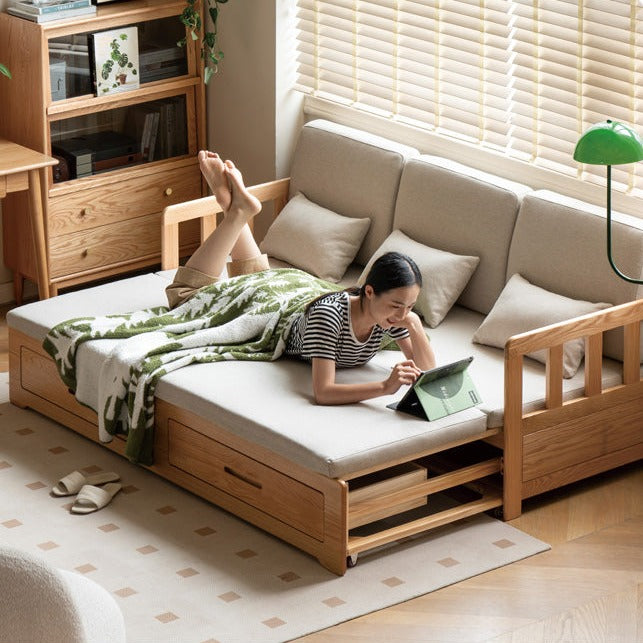 Solid Oak Wood Sofa Bed with Folding & Retractable Storage | Convertible Sleeper for Small Spaces, Guest Rooms & Apartments