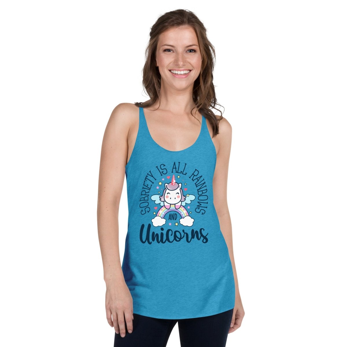 Women's Sobriety is All Rainbows and Unicorns Racerback Tank Top - Gym Workout & Casual Summer Outfit