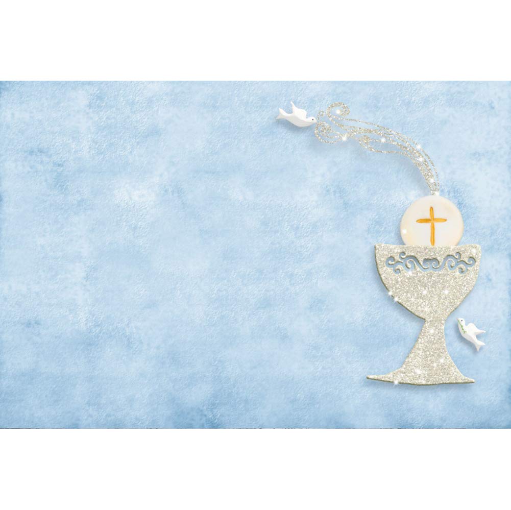 10x8ft Polyester Baptism Backdrop - First Holy Communion Rustic Blue & Silver Chalice with Golden Cross Photography Background for Newborn Christening, Party Decor, Photo Studio Props - Perfect for Church Events, Baby Baptisms & Religious Celebrations