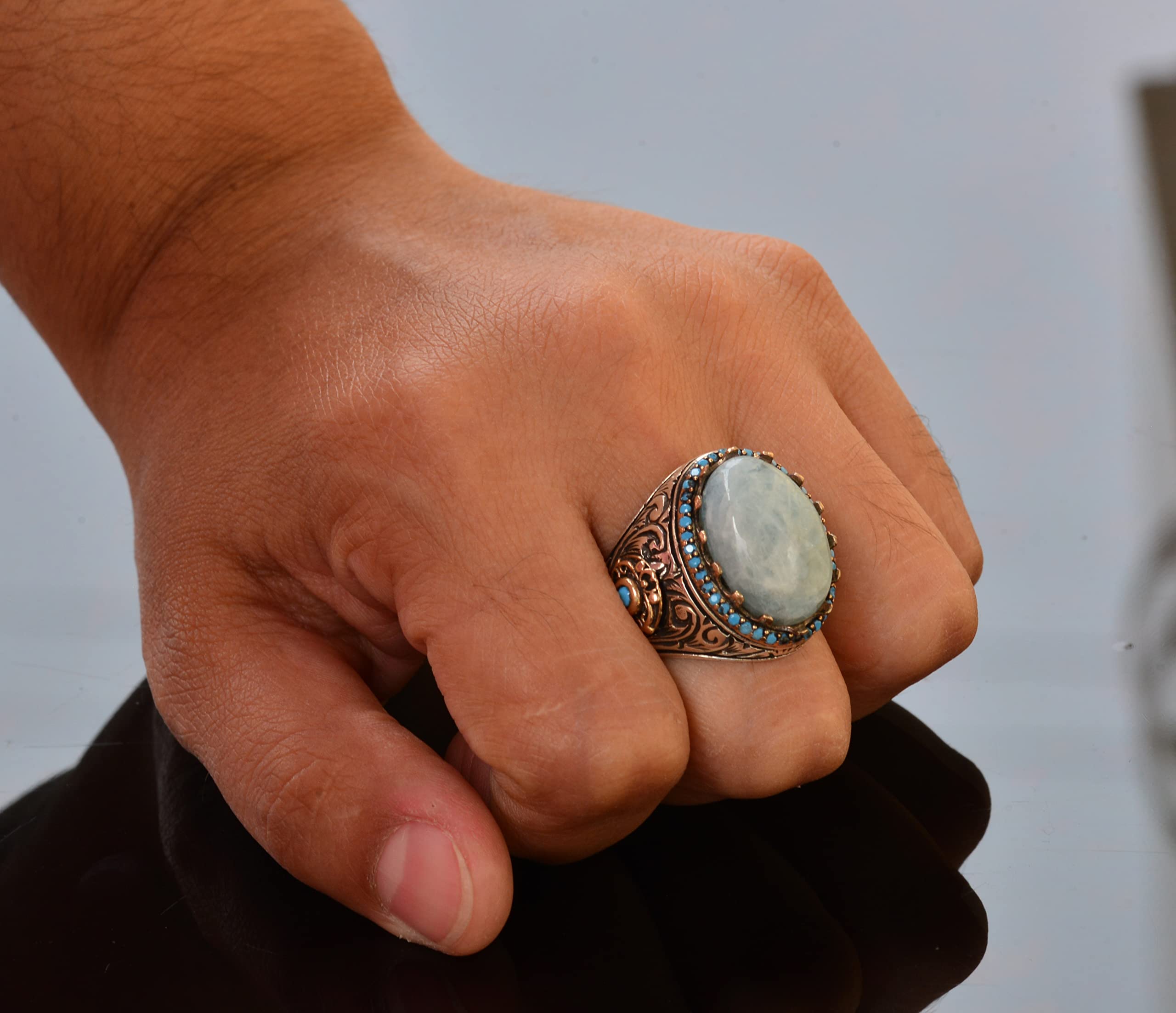 Handmade Sterling Silver Real Natural Larimar Gemstone King Ring for Men | Luxury Statement Jewelry for Weddings, Parties & Gifts