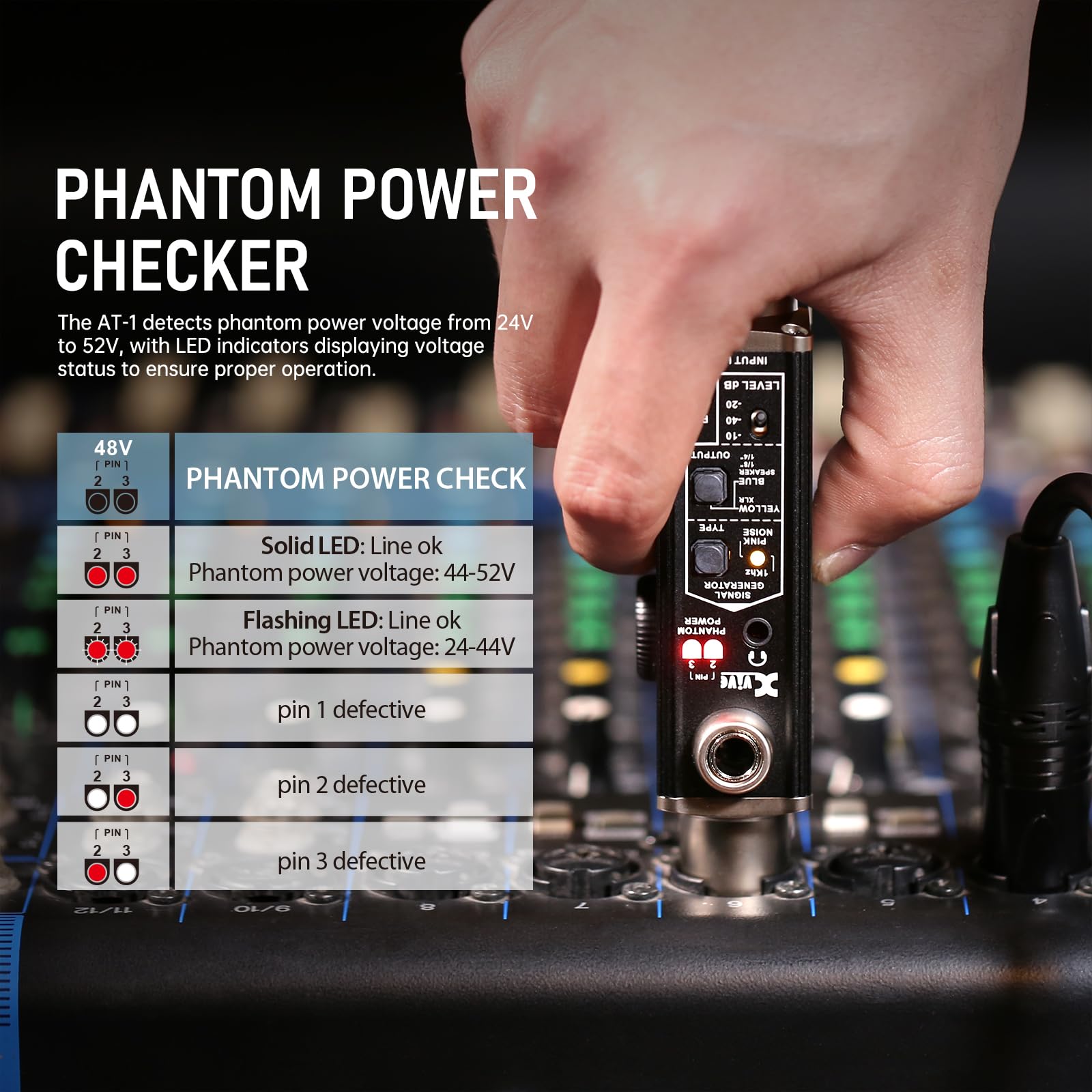 Xvive AT-1 Portable Audio Tester - Signal Generator, XLR Cable Tester, Phantom Power Checker with Input Level Meter & Headphone Monitor | Professional Audio Tool for XLR Cables, PA Systems, IEM, Mixers & DI Boxes | Perfect for Live Sound, Studio Recording & Equipment Testing
