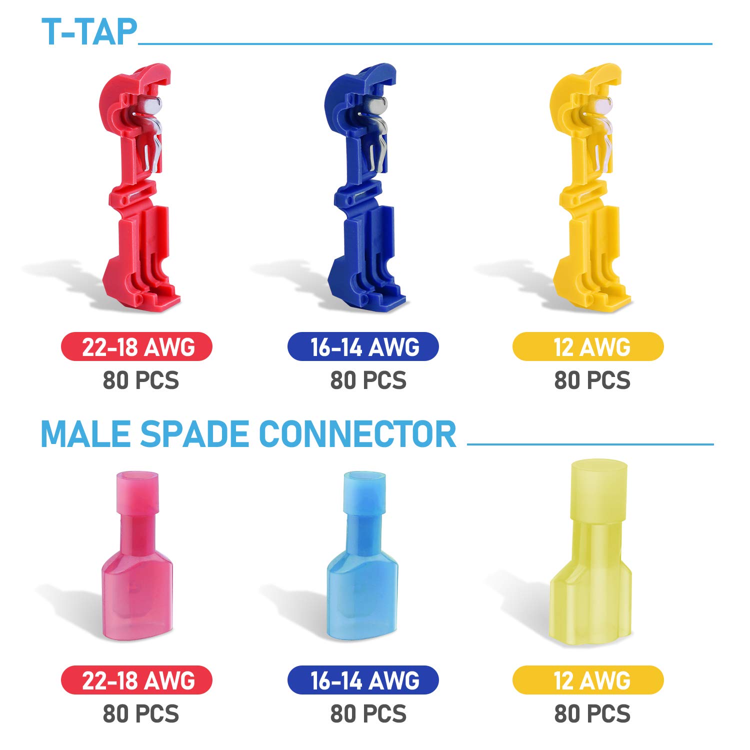 TICONN 480Pcs T Tap Wire Connectors - Quick Splice Electrical Terminals for Automotive, Home & DIY Wiring Projects - Includes Convenient Storage Case (480Pcs) - Perfect for Car Audio Installation, LED Light Wiring & Electrical Repairs