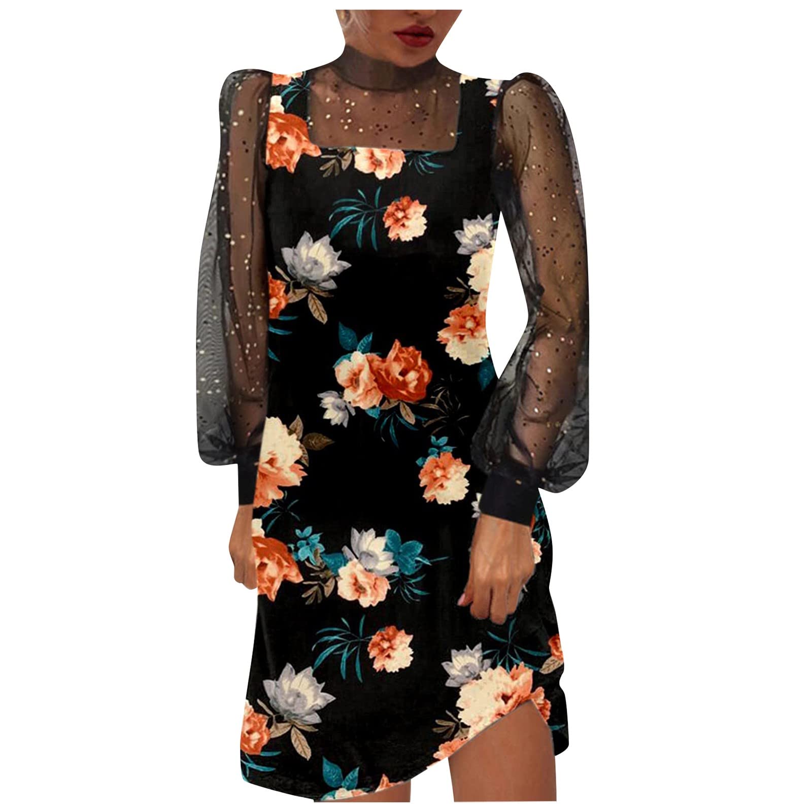 Sexy Mesh Floral Embroidery Mini Dress for Women - Long Sleeve Elegant Loose Fit Casual Black Dress for Night Out, Party, Date Night & Special Occasions