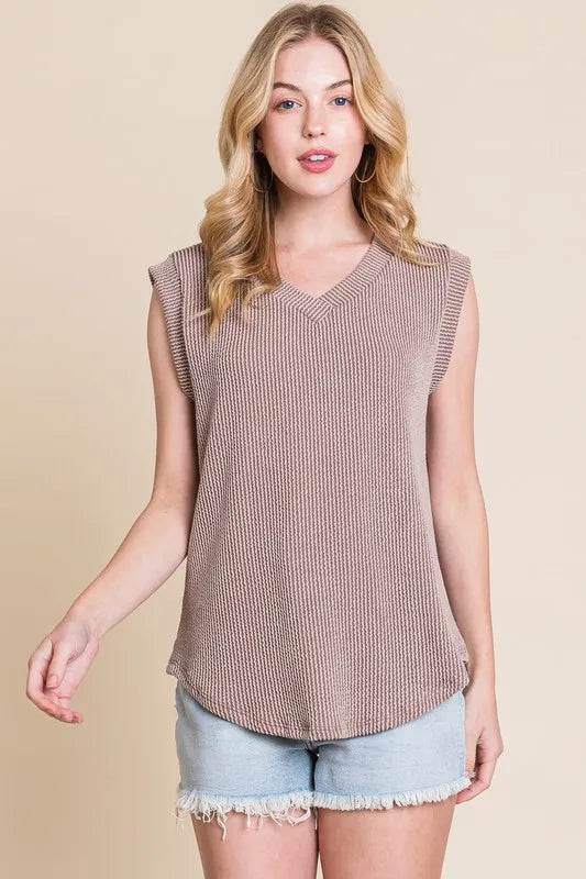 BOMBOM Rib Knit V Neck Tank Top for Women - Soft Stretch Casual Sleeveless Shirt - Perfect for Layering, Summer Outfits & Everyday Wear