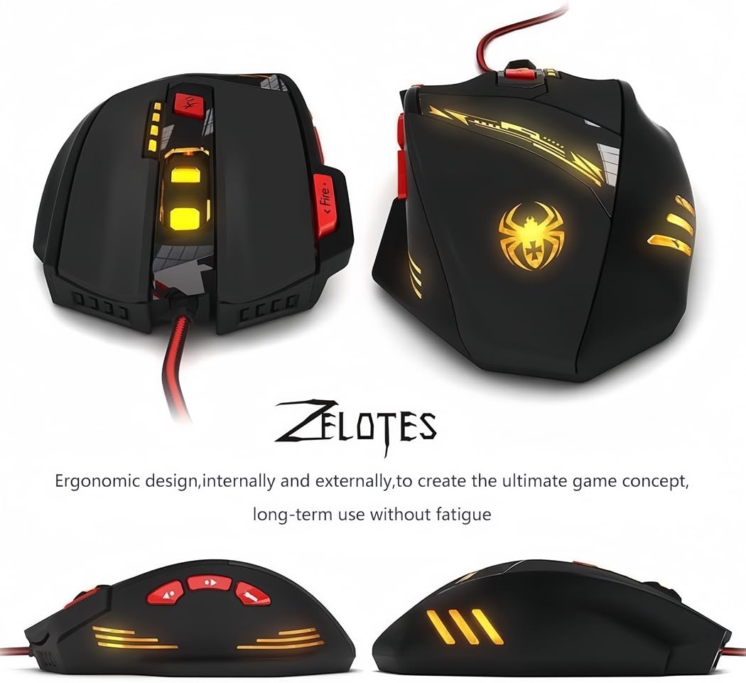 Zelotes T90 Professional Gaming Mouse - 9200 DPI, 8 Programmable Buttons, RGB LED Lights, Adjustable Weight for PC, Laptop, Desktop - Black | Perfect for FPS, MOBA & MMO Games, Office Work & Graphic Design