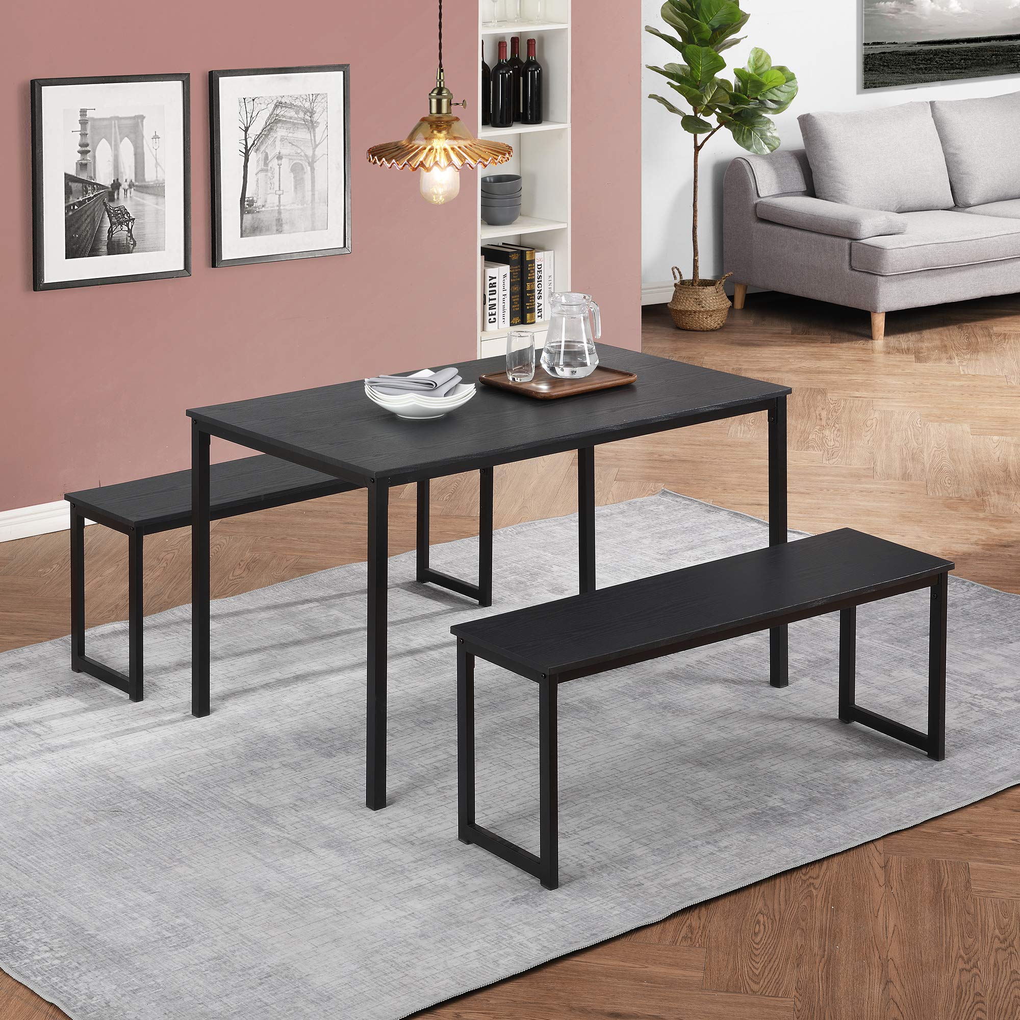 Modern 3-Piece Dining Set with 2 Benches - Black Metal Frame & MDF Board Kitchen Table for 4-6 People - Perfect for Small Spaces, Apartments & Cozy Family Meals