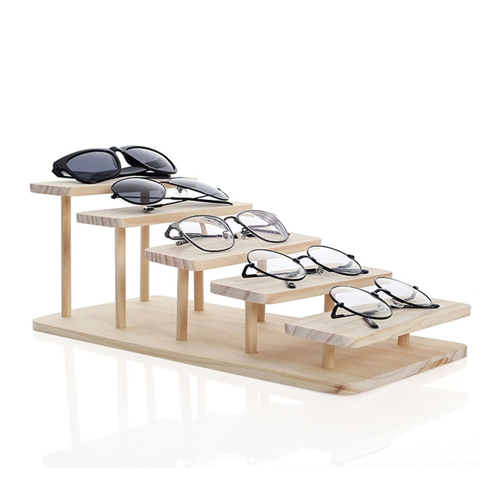 TOMYEUS 5-Tier Bamboo Sunglasses Stand - Adjustable Glasses Display Organizer for Jewelry, Watches & Bracelets - Perfect for Retail Stores, Boutiques & Home Decor (5 Layers, Natural Bamboo)