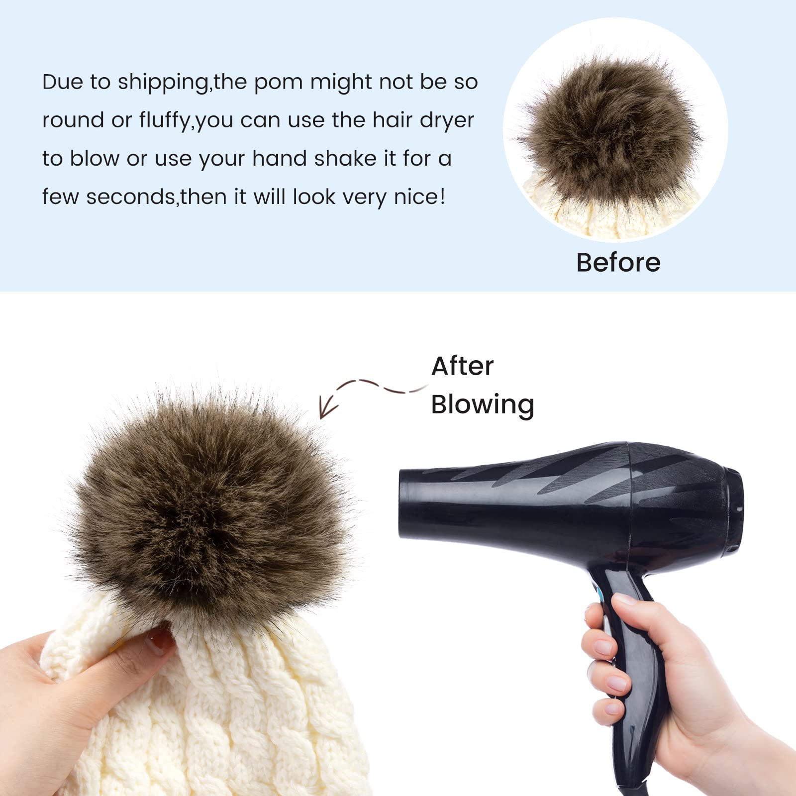 Women's Winter Beanie Hats - Hand Knit Faux Fur Pom Pom Hats for Women - Soft Warm Knitted Caps for Cold Weather, Outdoor Activities & Fashion Accessories