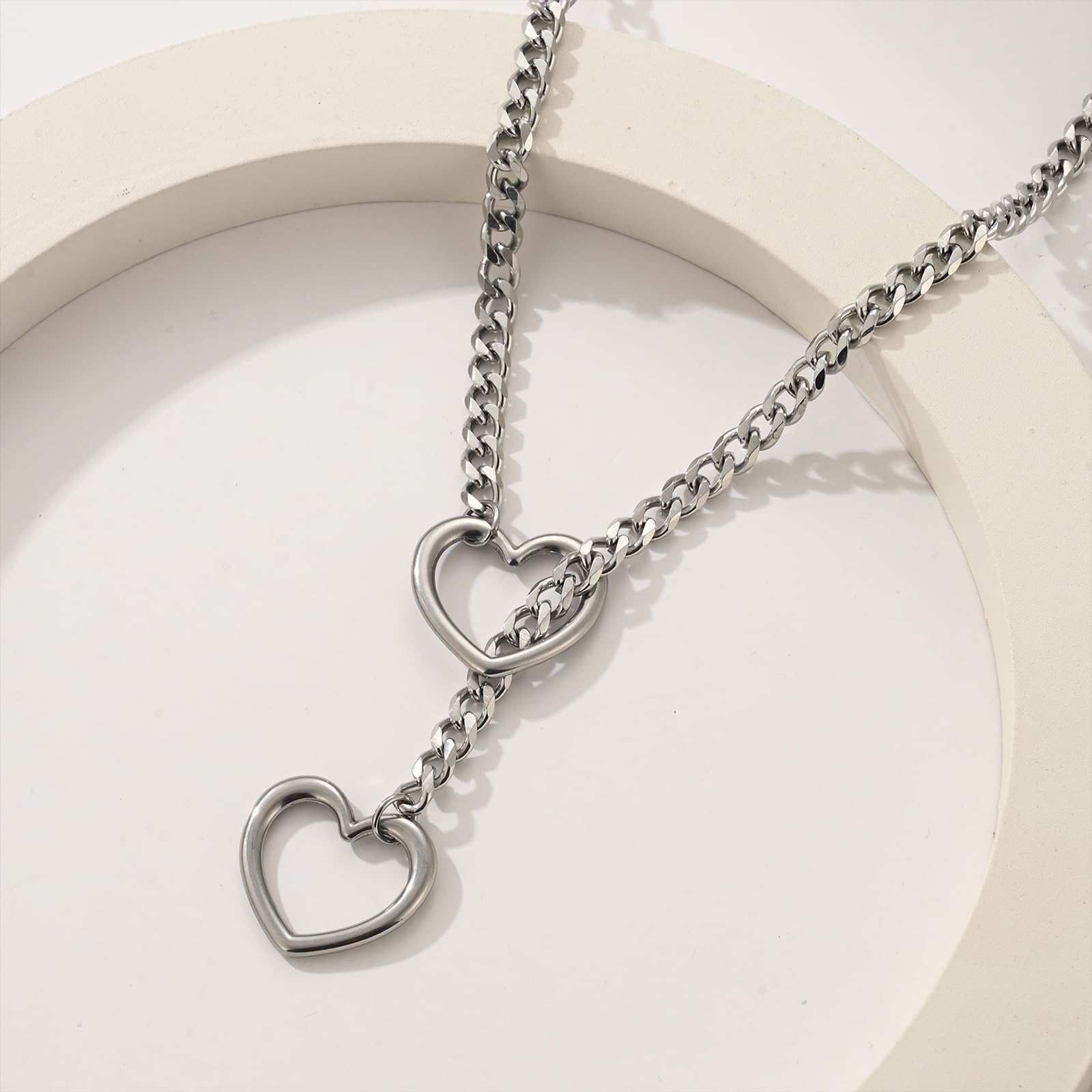 Stainless Steel Heart O-Ring Slip Chain Necklace for Women & Men | Adjustable Cuban Chain Bar Y Necklace | Punk Rock Collar Handmade Lariat | Perfect for Daily Wear, Parties & Gifts