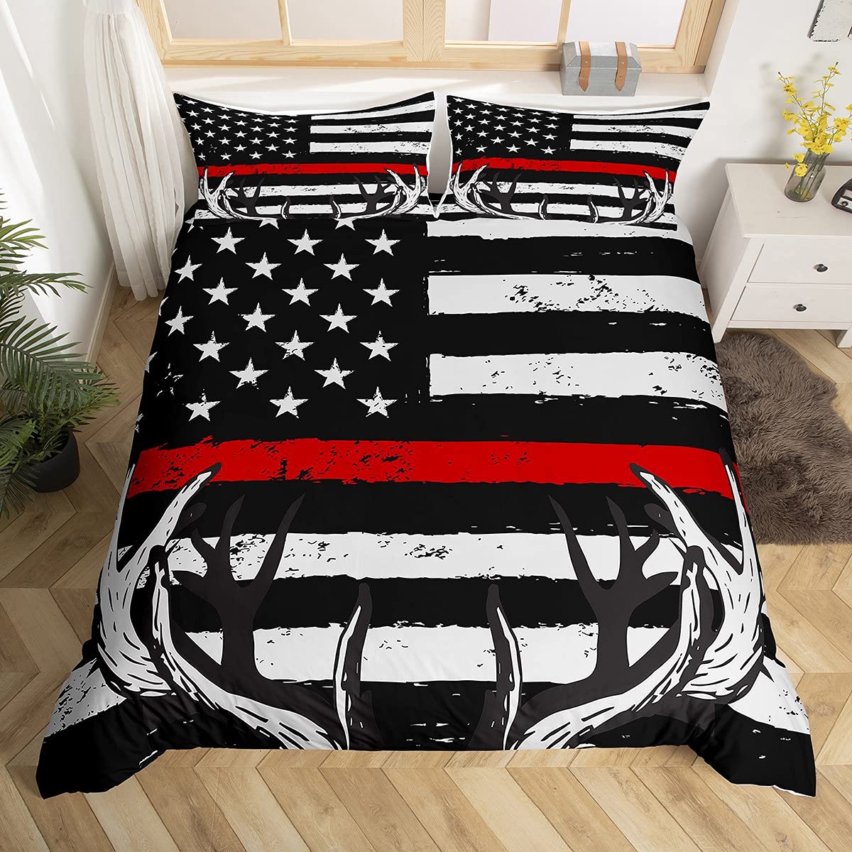 Castle Fairy American Flag Duvet Cover Set Full Size - Deer Antlers & Stripes Pattern Bedding - Christmas Gift for Boys & Girls - Multicolor Comforter Cover for Bedroom Decor - Perfect for Holidays, Kids Rooms & Cozy Winter Nights