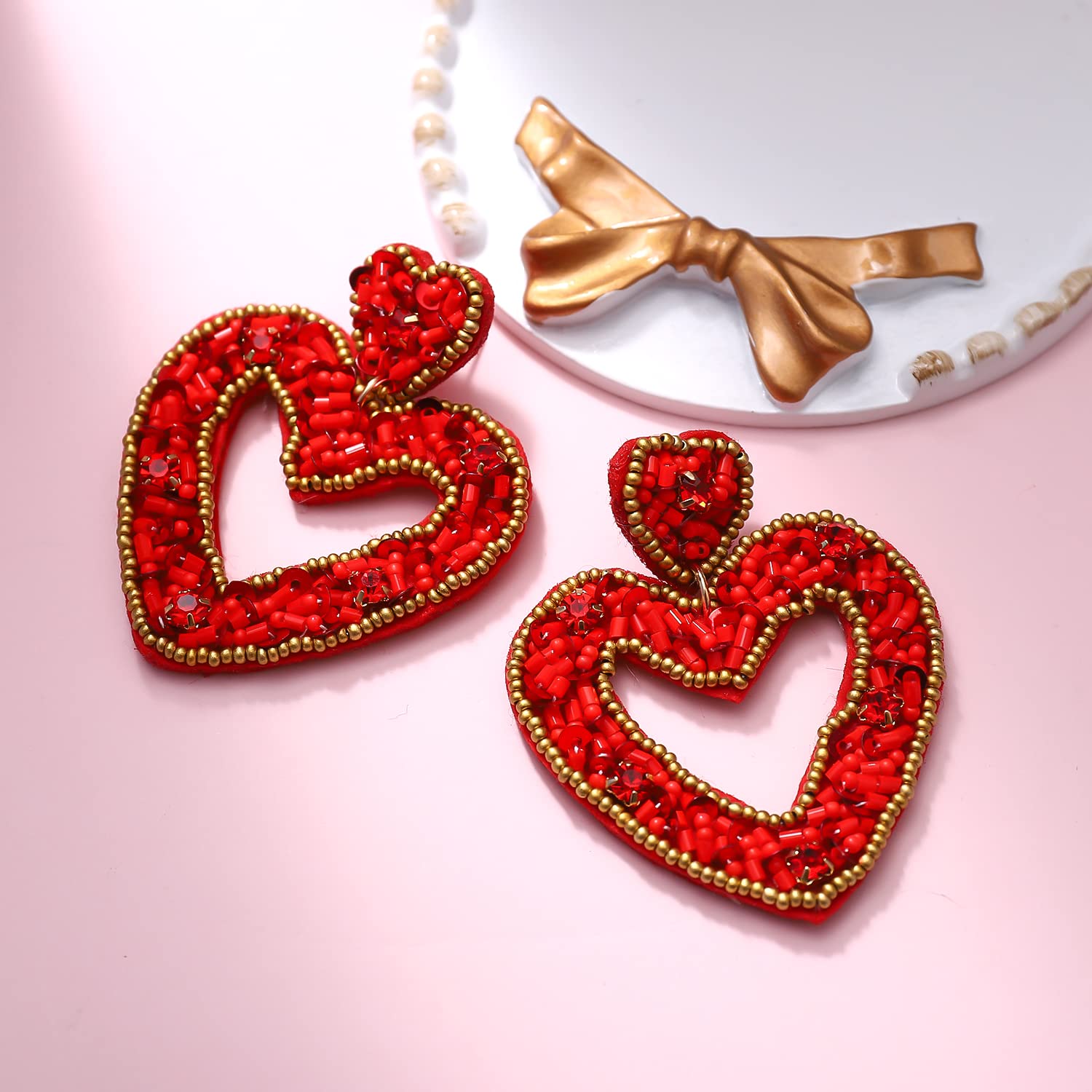 Beaded Heart Earrings for Women - Elegant Seed Bead Heart Hoop Dangle Earrings | Valentine's Day Gift, Party Jewelry & Romantic Date Accessories