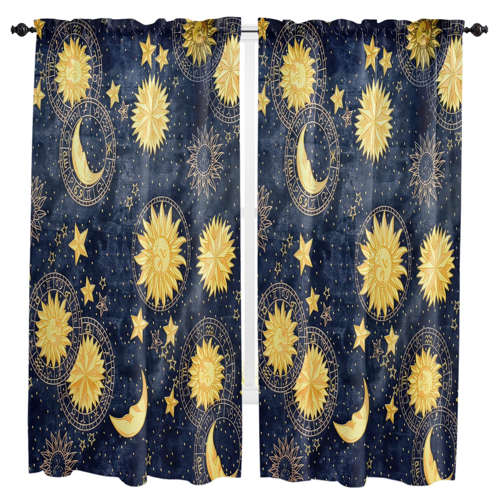 72 Inch Yellow Moon and Star Print Kitchen Curtains - 2 Panels Window Drapes with Rod Pocket for Cafe, Living Room & Bedroom - 104x72 Inch Window Treatment for Home Decor & Cozy Atmosphere