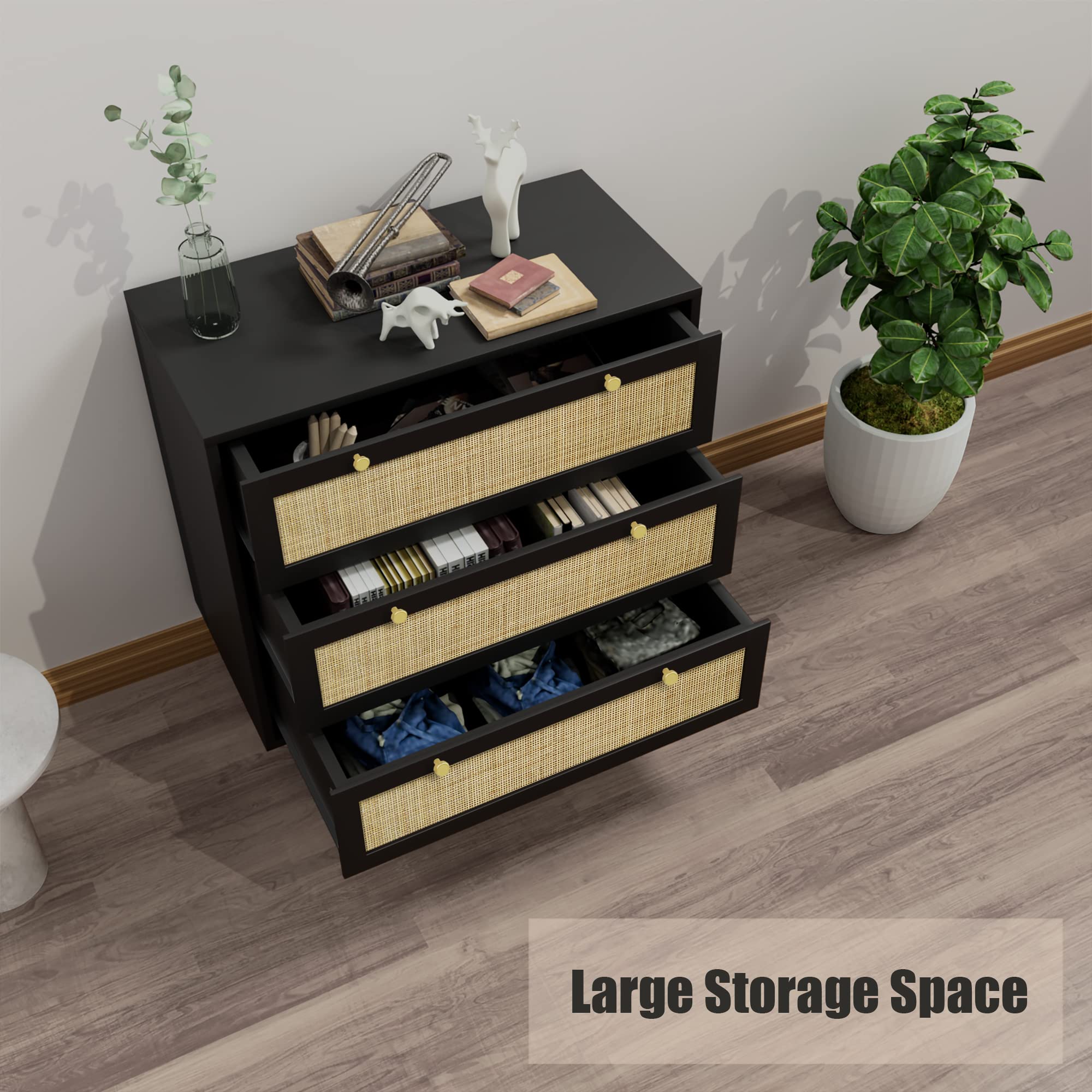 Modern Black Wood Dresser with 3 Drawers & Rattan Accents - Spacious Storage Chest for Bedroom & Living Room | Perfect for Organizing Clothes, Linens & Home Decor (Model H0075)